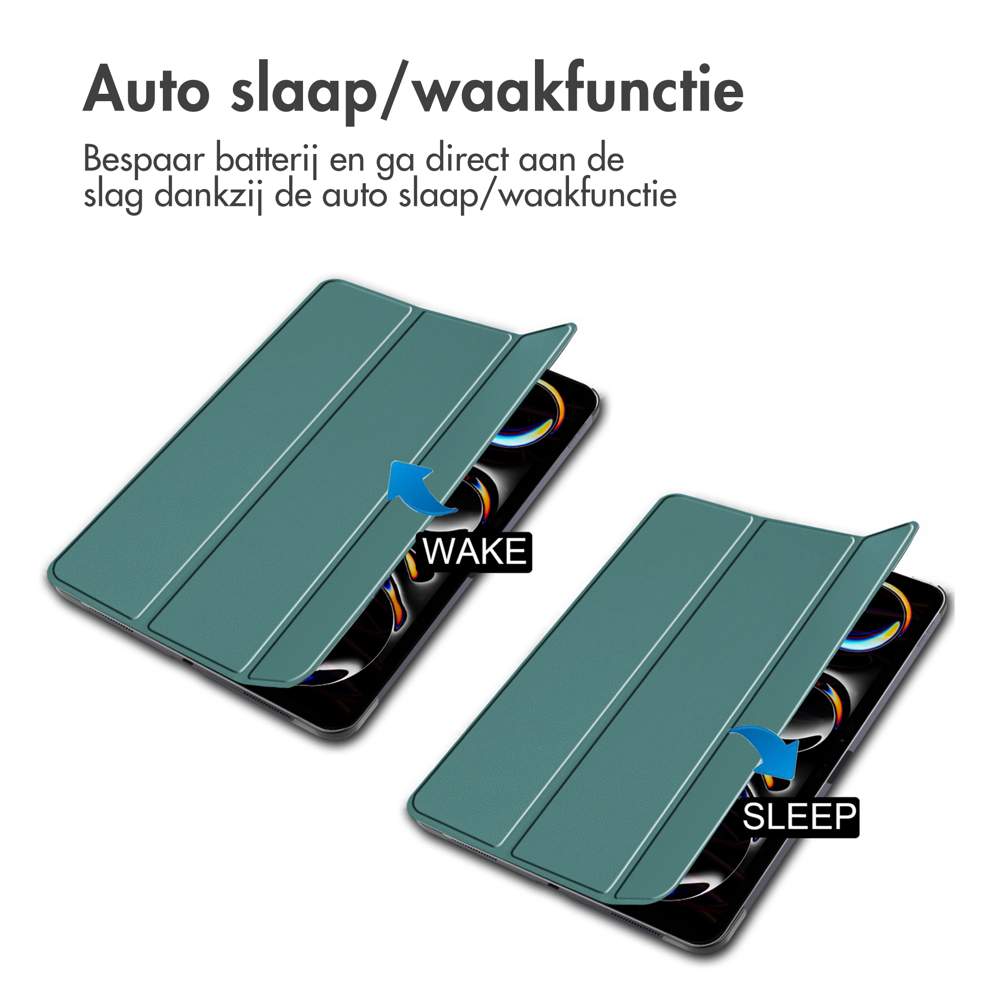 Tablet case showing open and closed positions. Text: 'Auto slaap/waakfunctie'. Green in color.