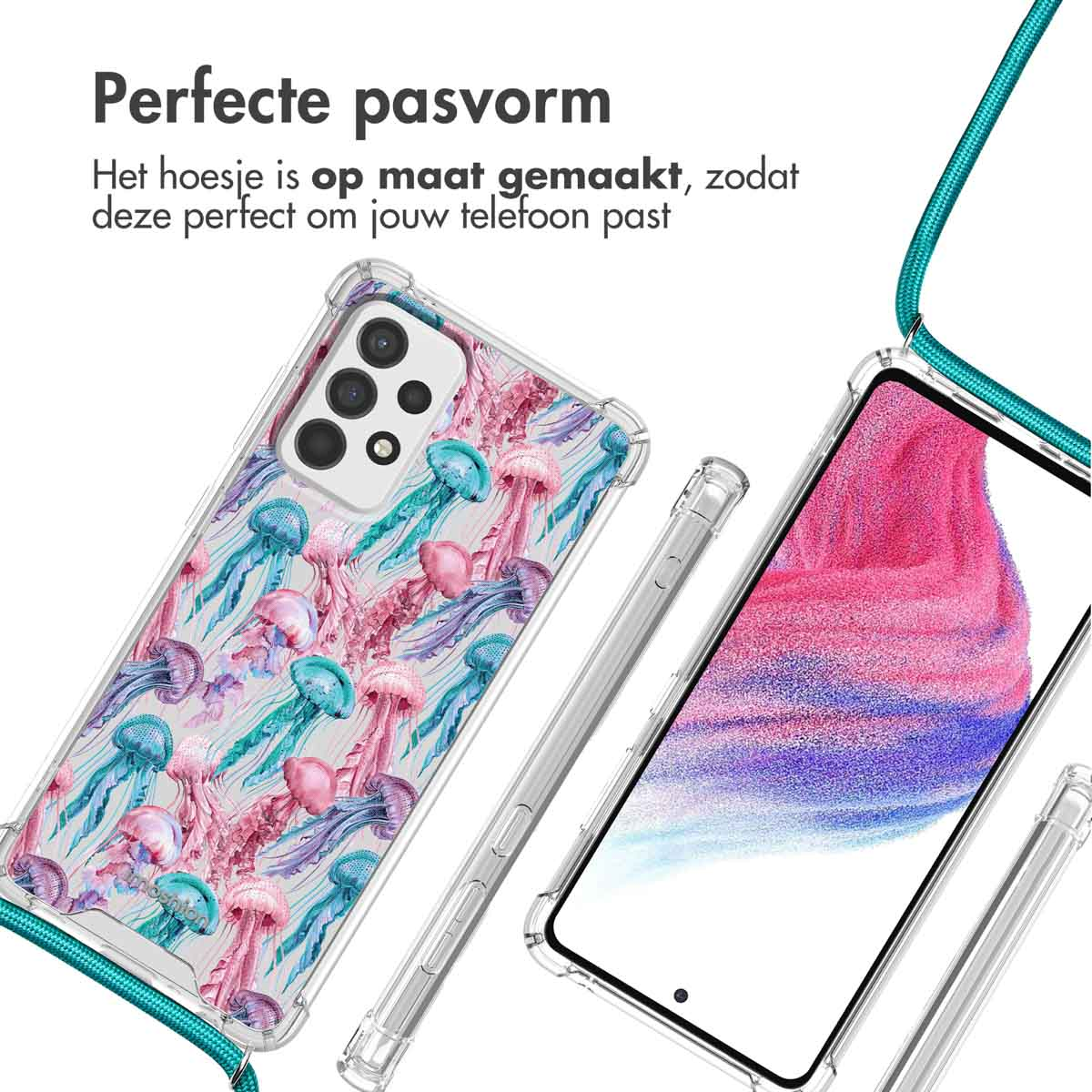 Coque de téléphone transparente à motif méduse et cordon bleu.