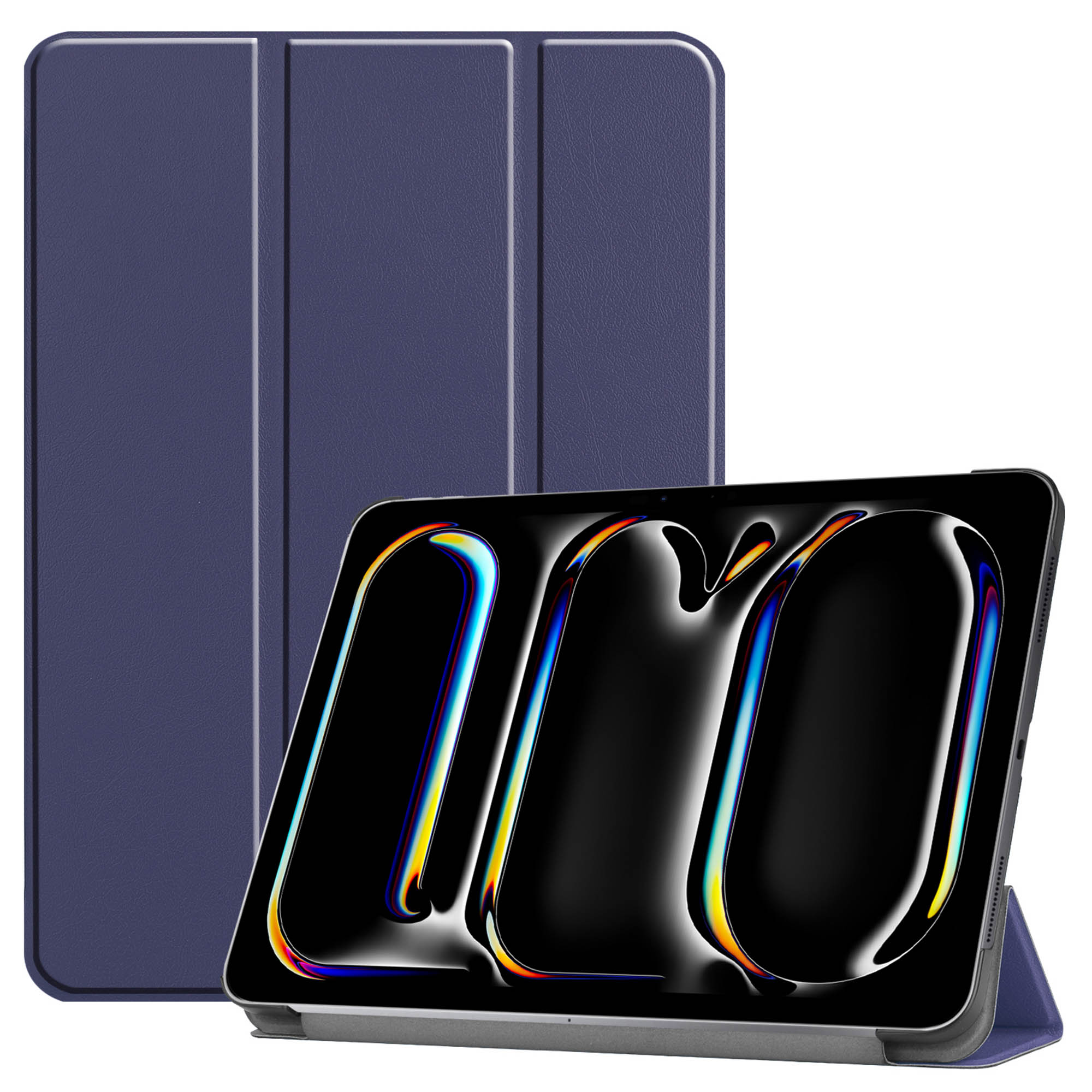 Blauwe tablethoes met tablet erin. De tablet staat op een standaard. Het scherm toont een kleurrijk patroon.