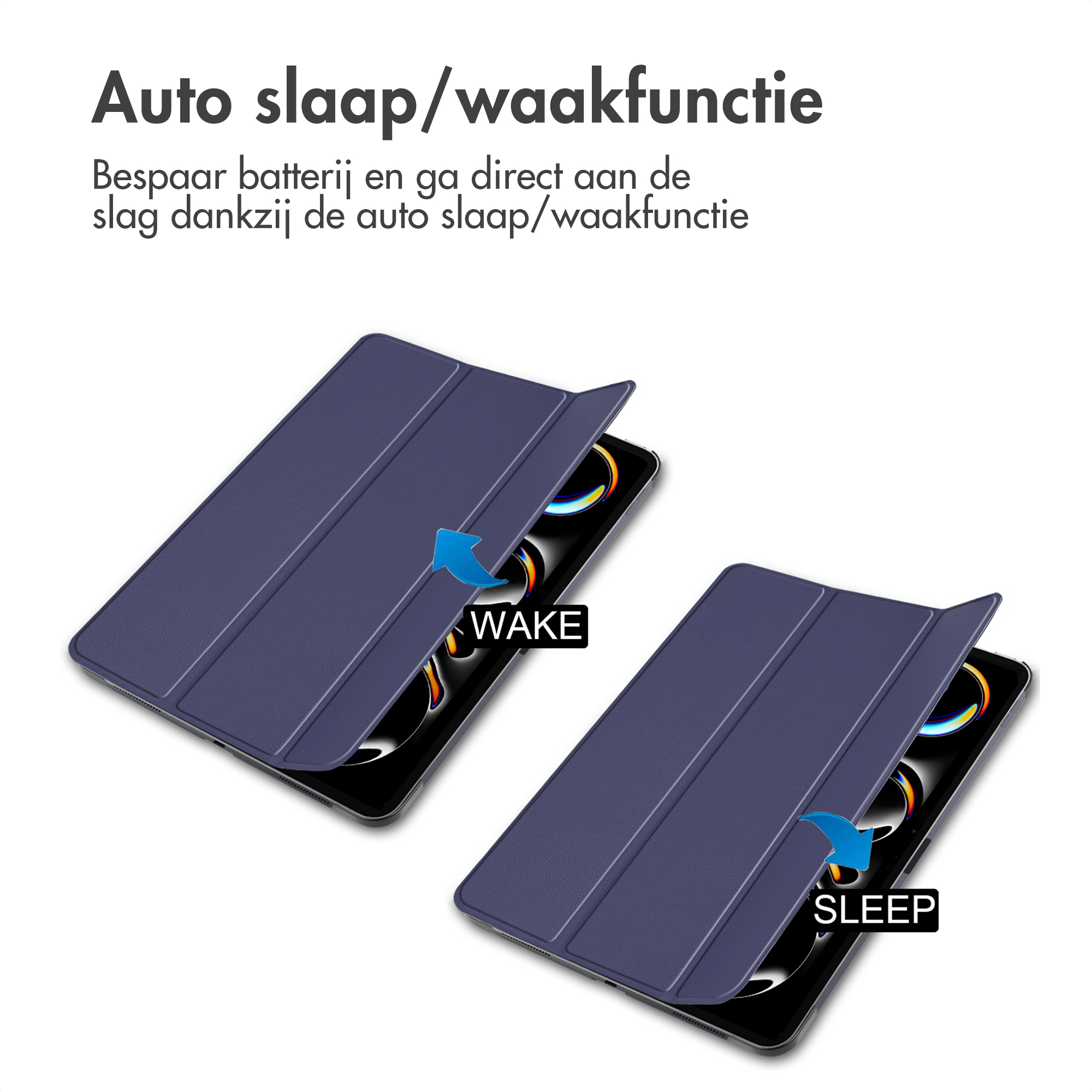 Tablethoezen die de automatische slaap/waak-functie demonstreren, met blauwe pijlen die de actie aangeven.