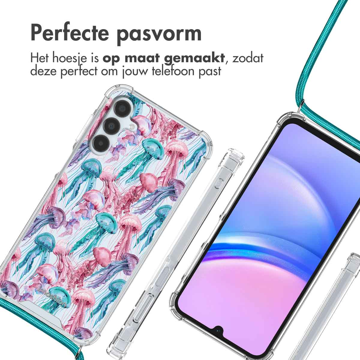 Coque de téléphone à motif méduse, à côté d'un téléphone avec cordon turquoise.