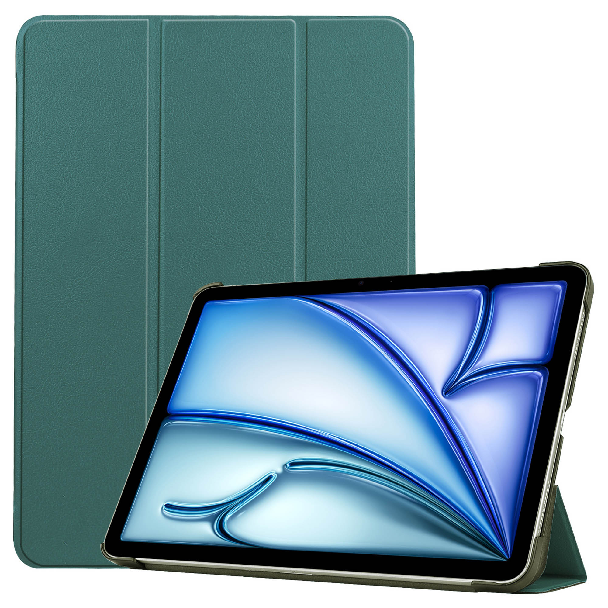 Tablet in a green case, propped up to display the screen. The screen shows a blue and white design.