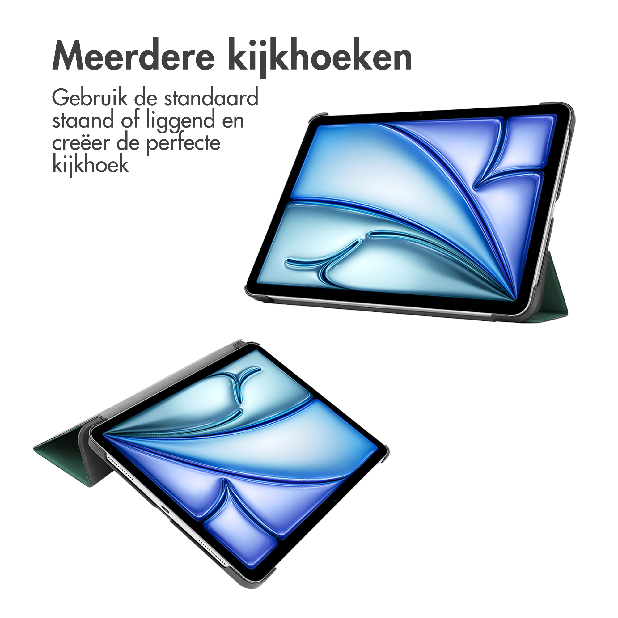 Tablets in two different positions. Tablet screens show colorful designs. Text in Dutch is at the top.
