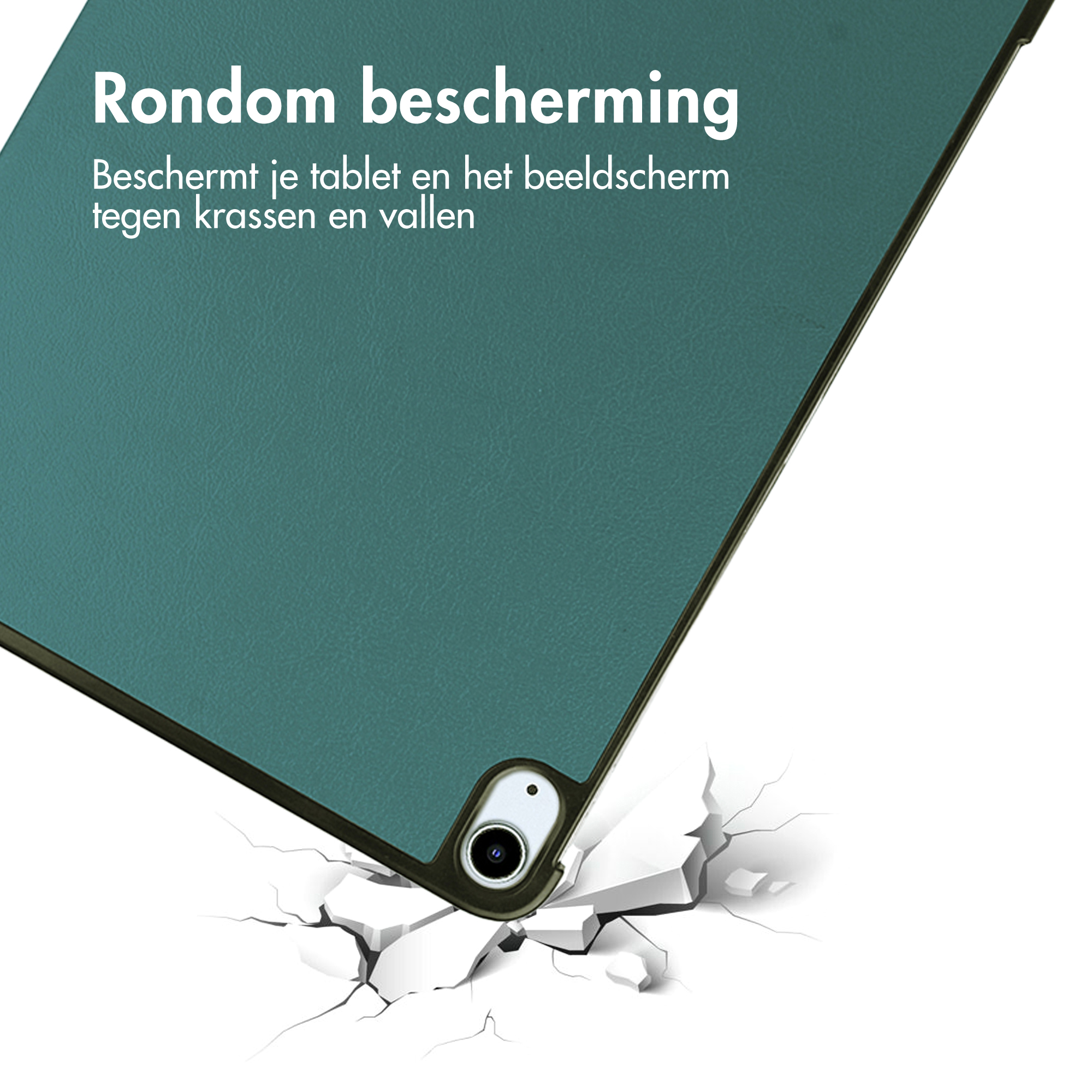 Tablet case with text, corner shows camera cutout and impact damage.