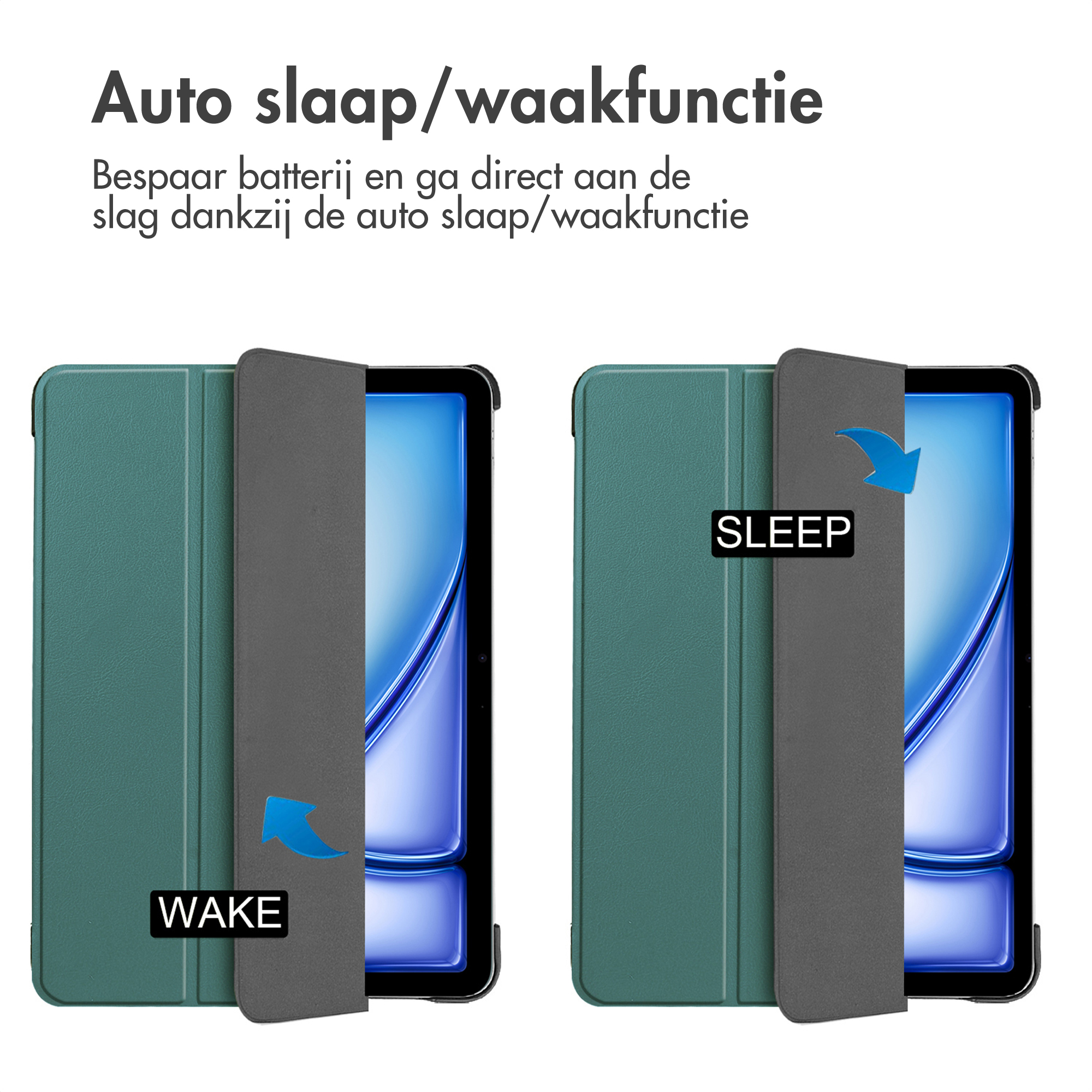 Two green tablet cases, opened and closed, with arrows indicating wake and sleep functions.