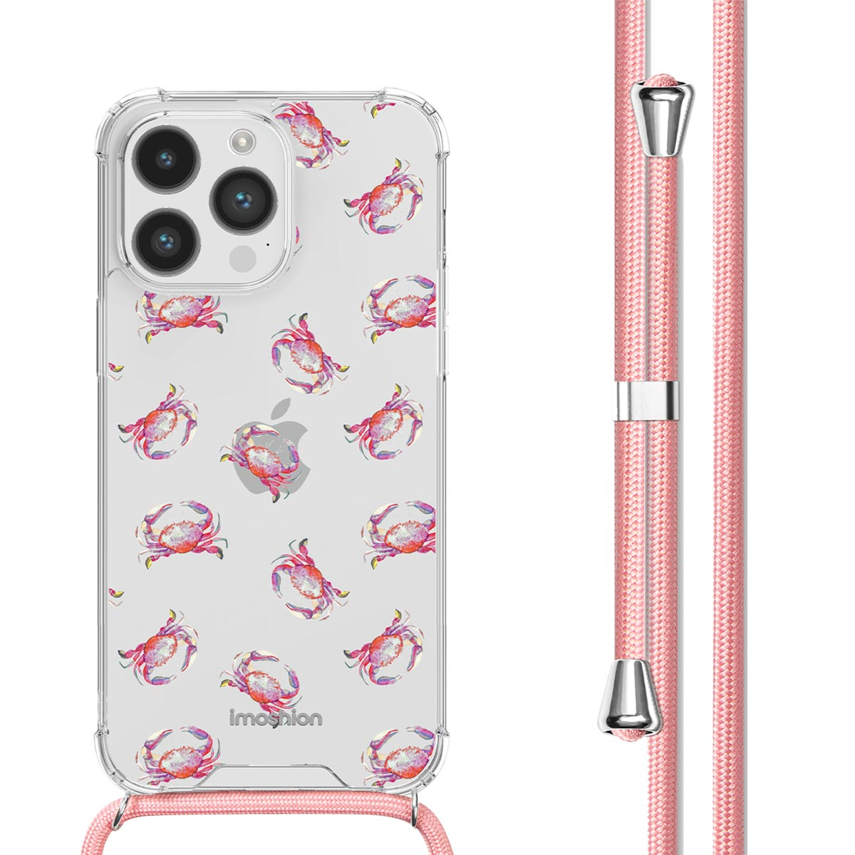 Coque de téléphone transparente avec motif de crabes roses et sangle rose.