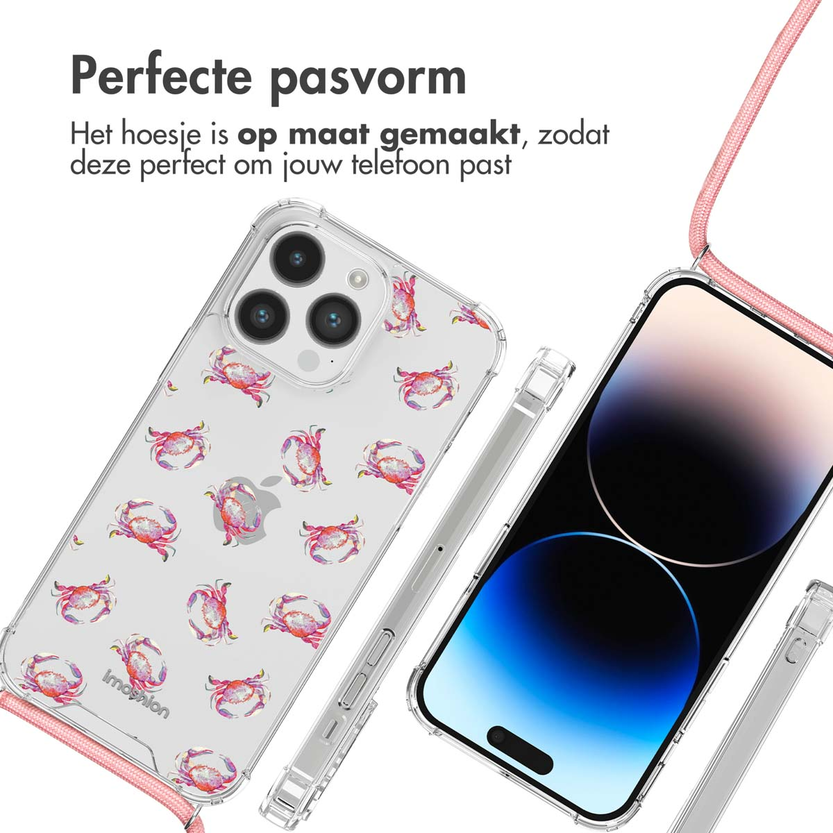 Coque de téléphone transparente avec motif de crabes rouges, attachée à un cordon rose, à côté d'un téléphone.