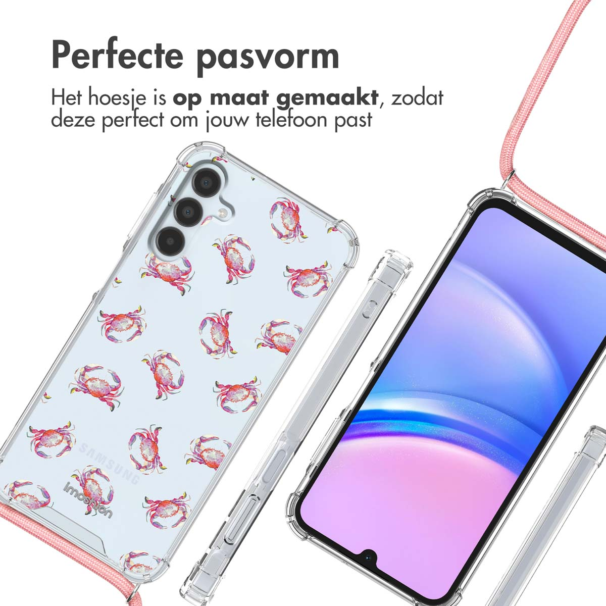 Transparante telefoonhoes met roze krabbenprint en roze koord.