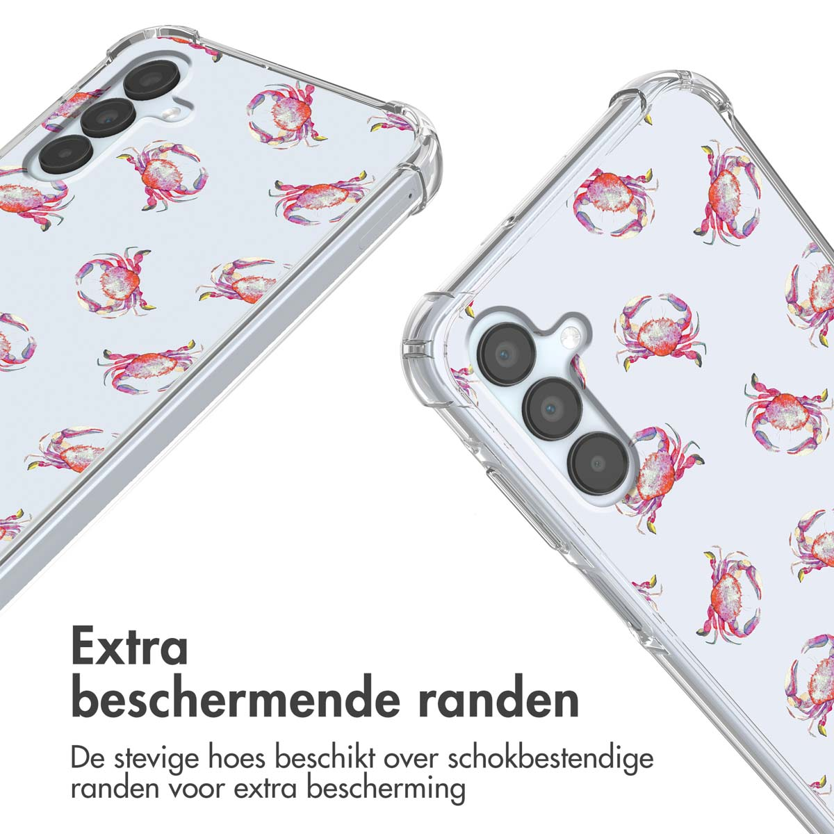 Doorzichtige telefoonhoes met rood krabbenpatroon, close-up