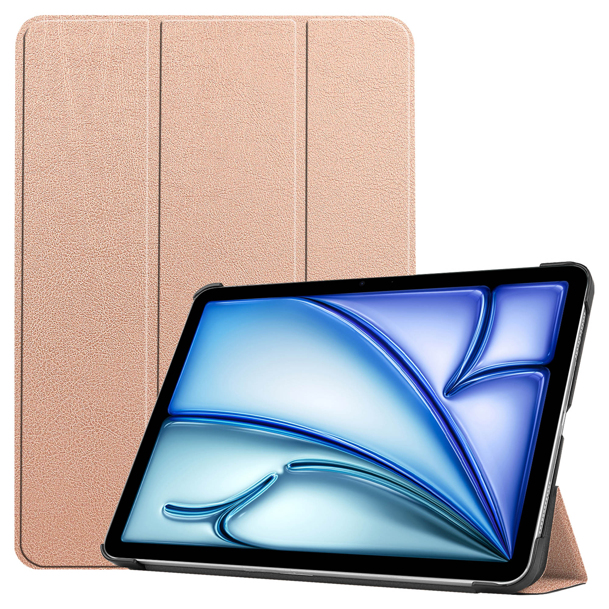 Tablet in een roze hoes. De tablet is blauw met een wit ontwerp, de hoes is roze.