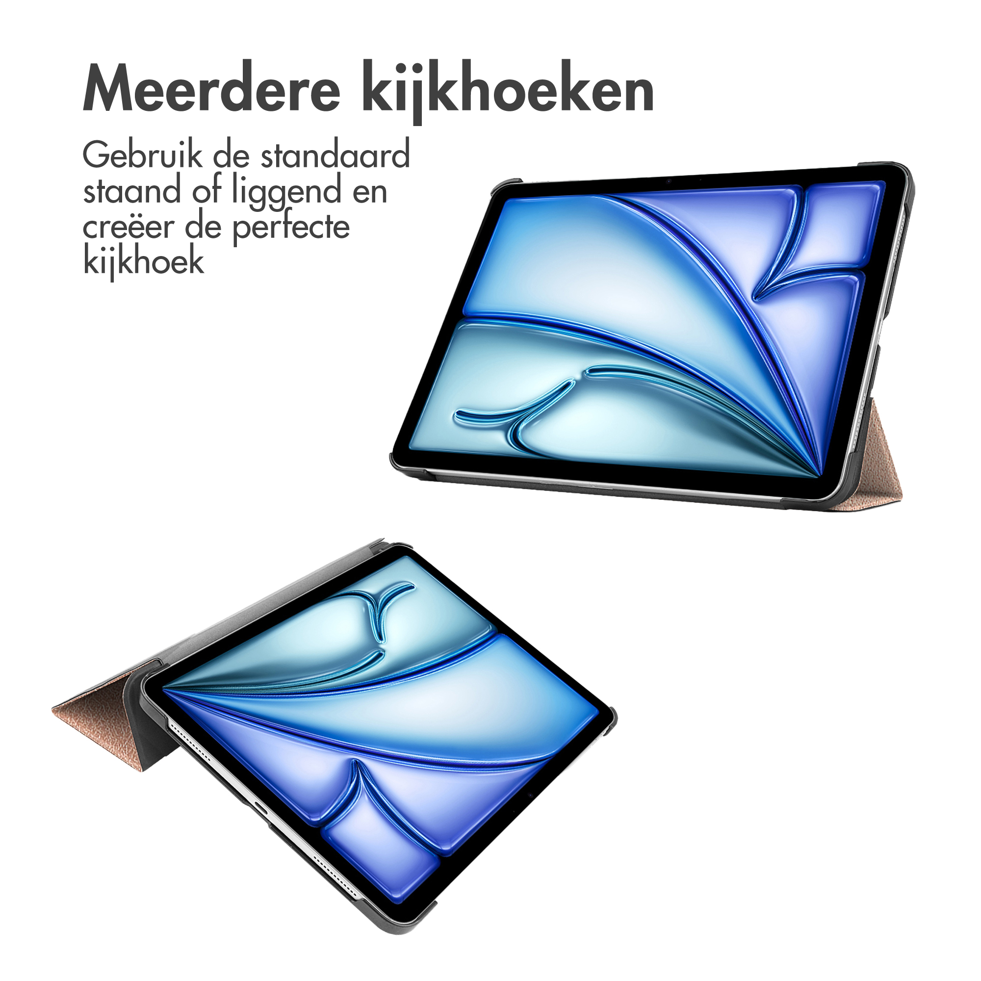 Twee tablets in hoesjes met verschillende kijkhoeken. De hoesjes zijn bruin en grijs.