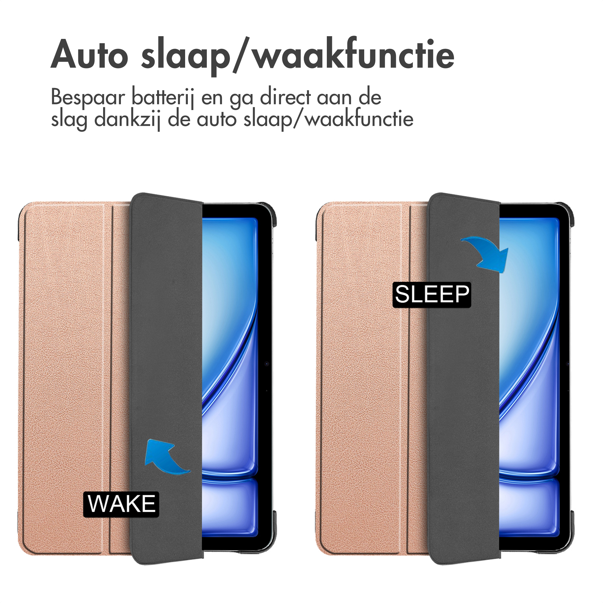 Tablethoezen die de automatische slaap/waak-functie demonstreren met blauwe pijlen die wakker en slaap aangeven.