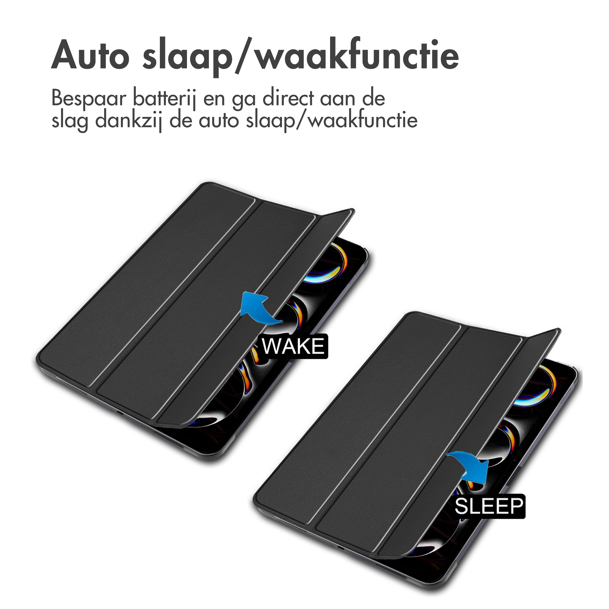Two black phone cases, one open with the word 'WAKE', and the other closed with 'SLEEP'.