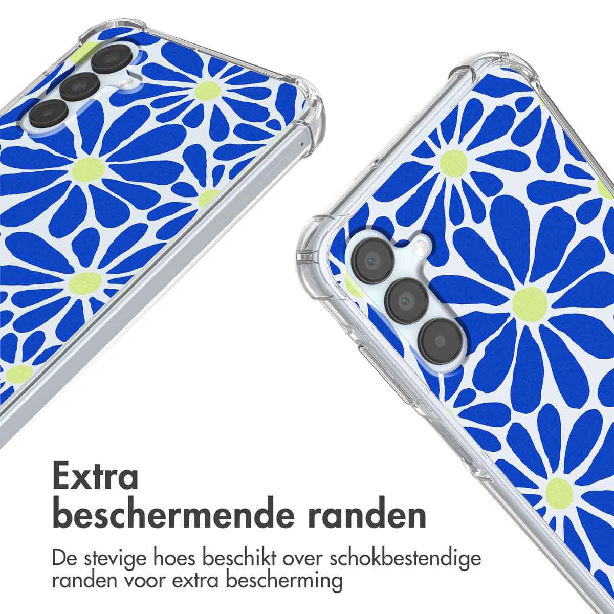 Twee telefoonhoesjes met blauw-gele bloemenprint en doorzichtige randen.