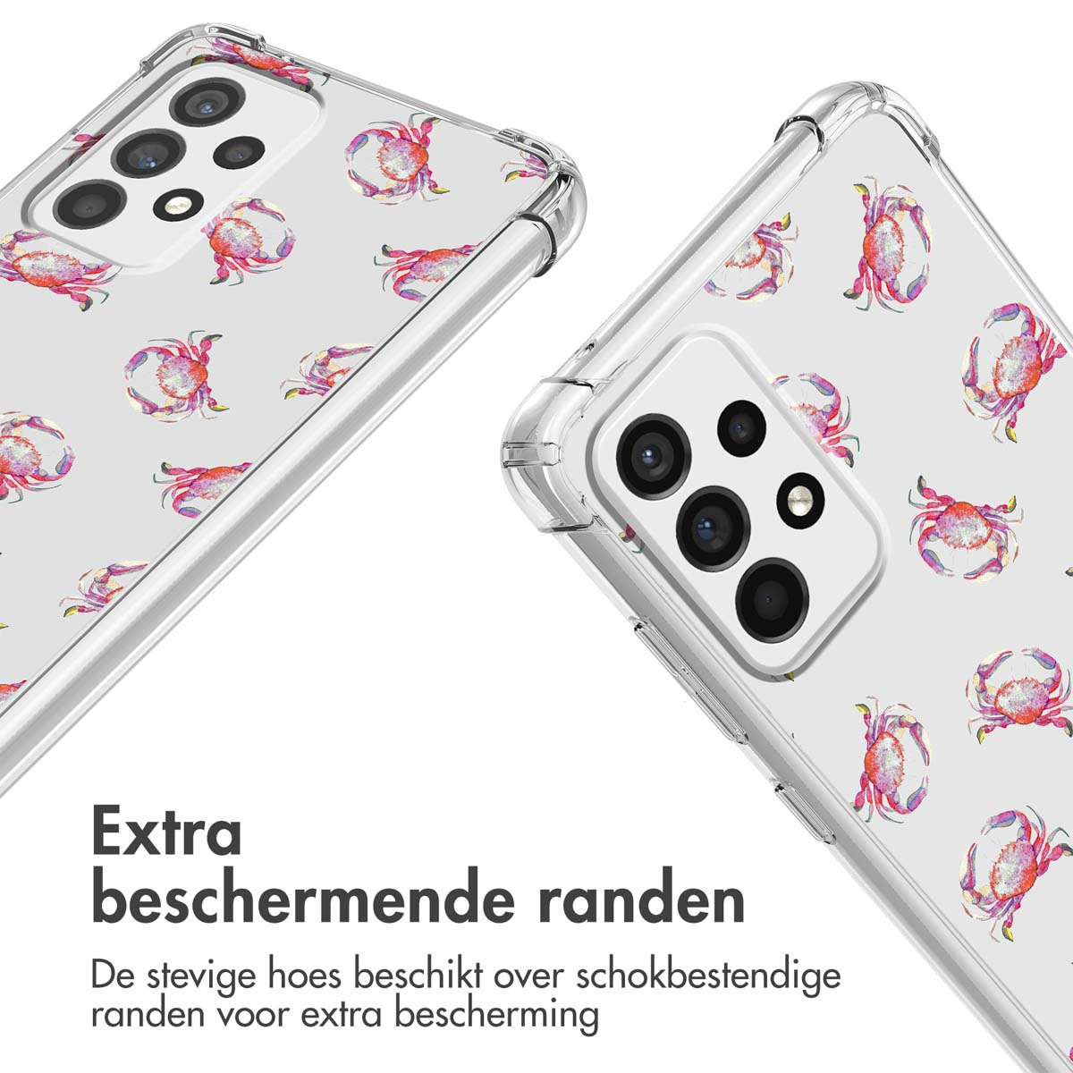 Coque de téléphone transparente avec motif de crabe et flash caméra.