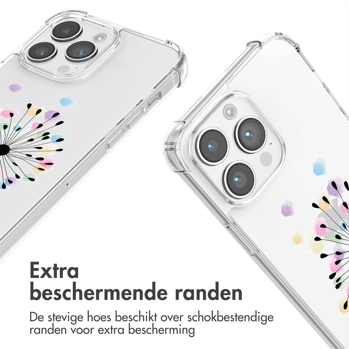 Coque de téléphone transparente avec motif pissenlit et touches pastel.