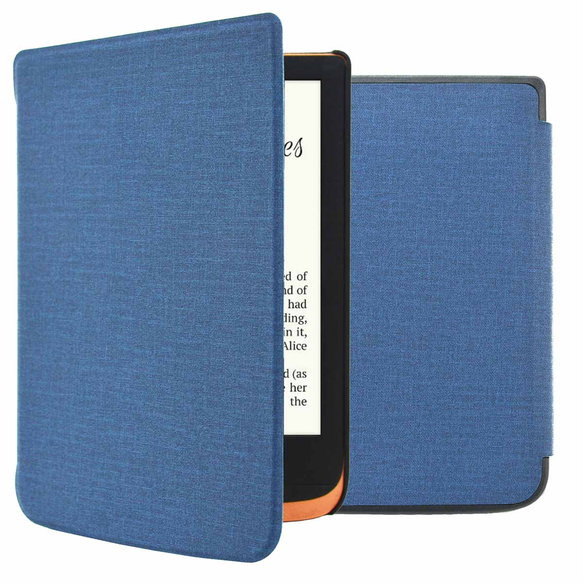 Een blauwe stoffen hoes is open en toont een e-reader met zichtbare tekst. De hoes staat op een witte achtergrond.