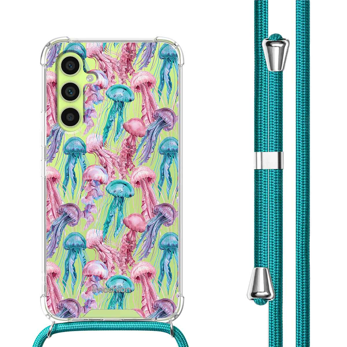 Doorzichtige telefoonhoes met roze, blauwe en paarse kwallen op een lichtgroene achtergrond.
