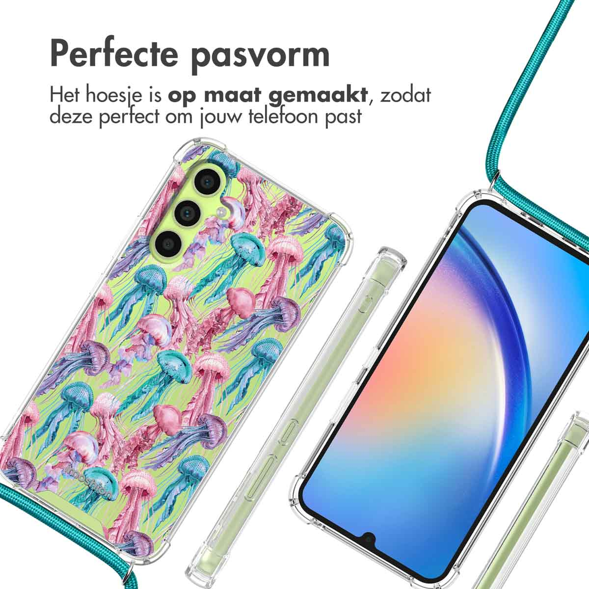 Transparante telefoonhoes met kwallenprint en turquoise koord.