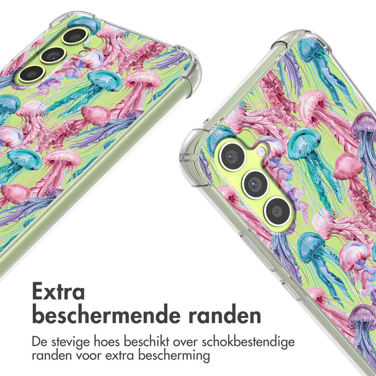 Telefoonhoes met roze, blauwe en paarse kwallenprint op lichtgroene achtergrond.