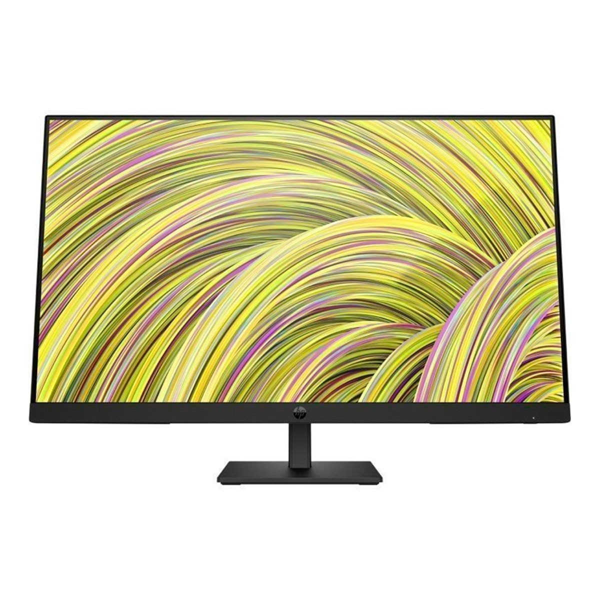 Un monitor curvo con marco y soporte negros. La pantalla muestra un patrón amarillo y verde.
