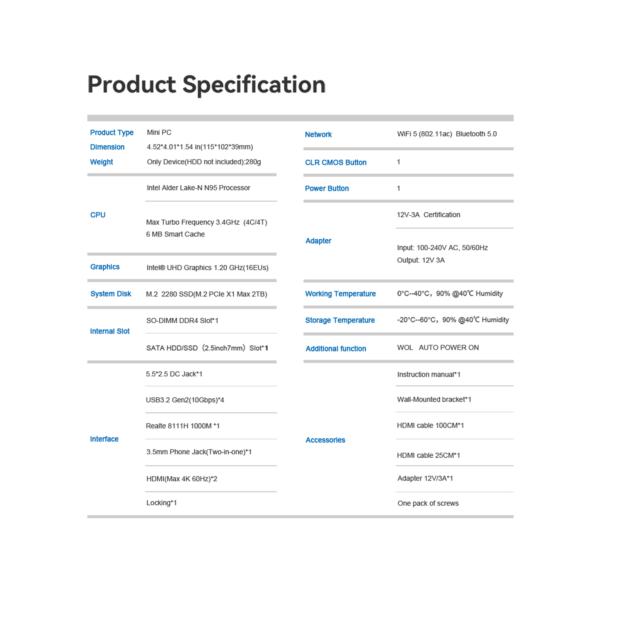 Tabela specyfikacji produktu dla mini PC, ze szczegółami wymiarów, CPU i innych cech.