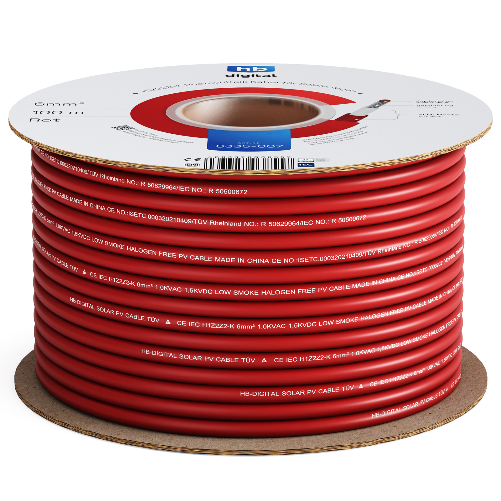 Rotes Solar-PV-Kabel auf einer Pappspule gewickelt. Text und Logos sind auf der Spule sichtbar.