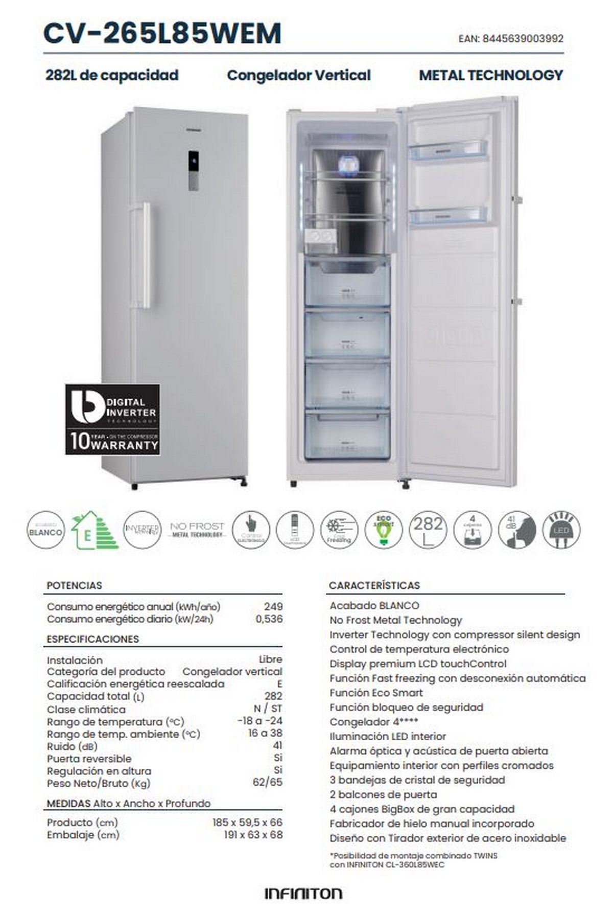 Frigorífico vertical blanco con puerta abierta, especificaciones detalladas en el lateral.