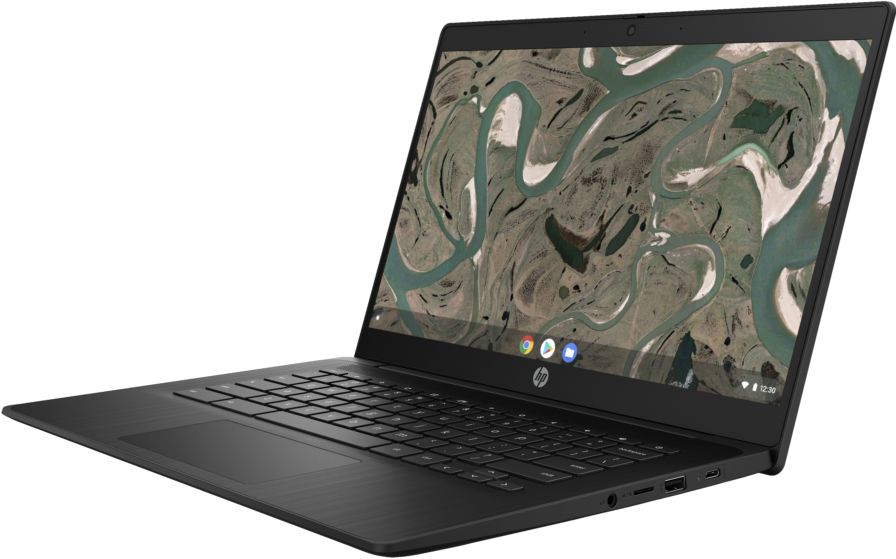 Black laptop with a screen displaying a landscape image. The laptop is open and angled to the right.