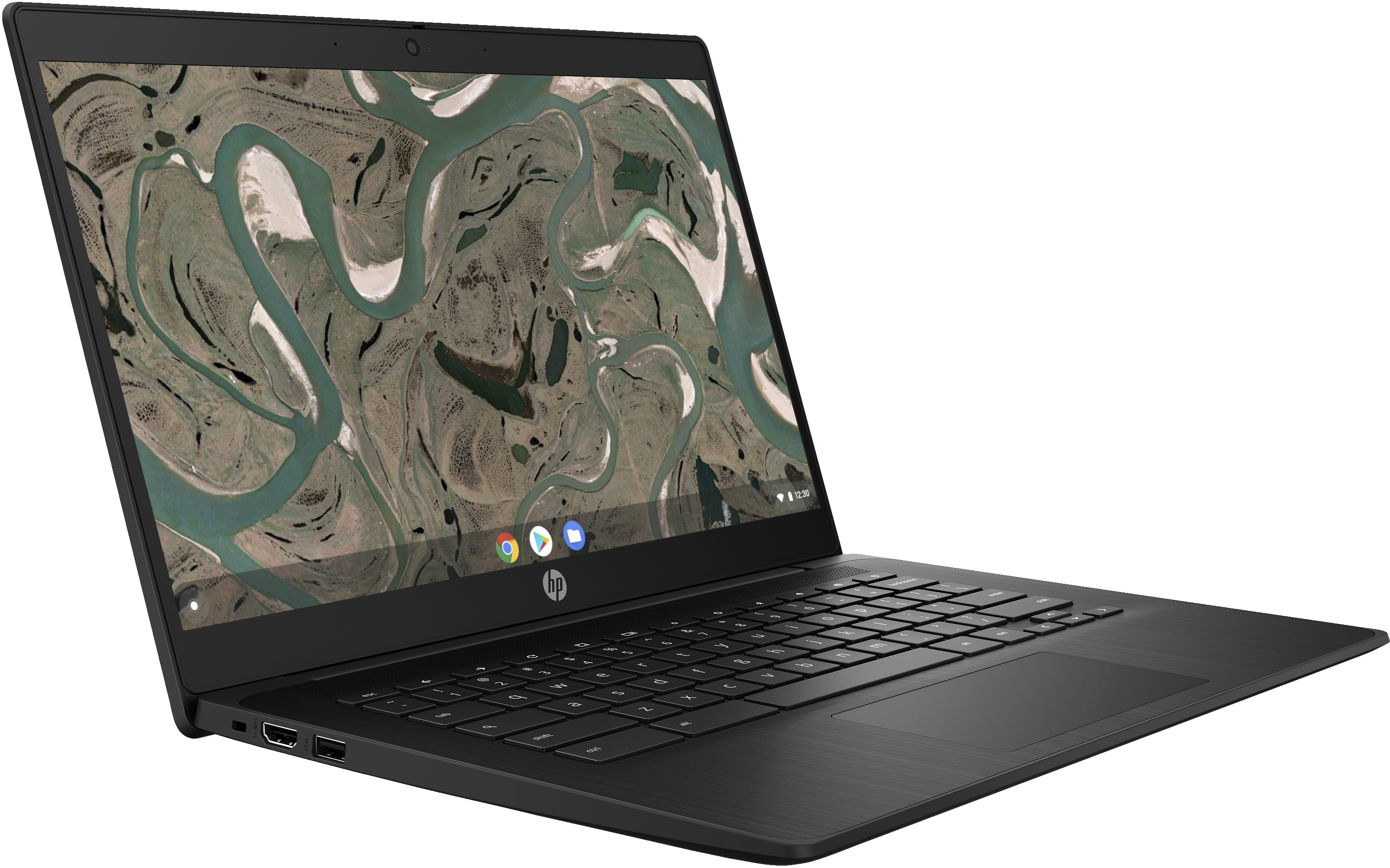 Black laptop with an open screen showing a landscape. The keyboard is visible.