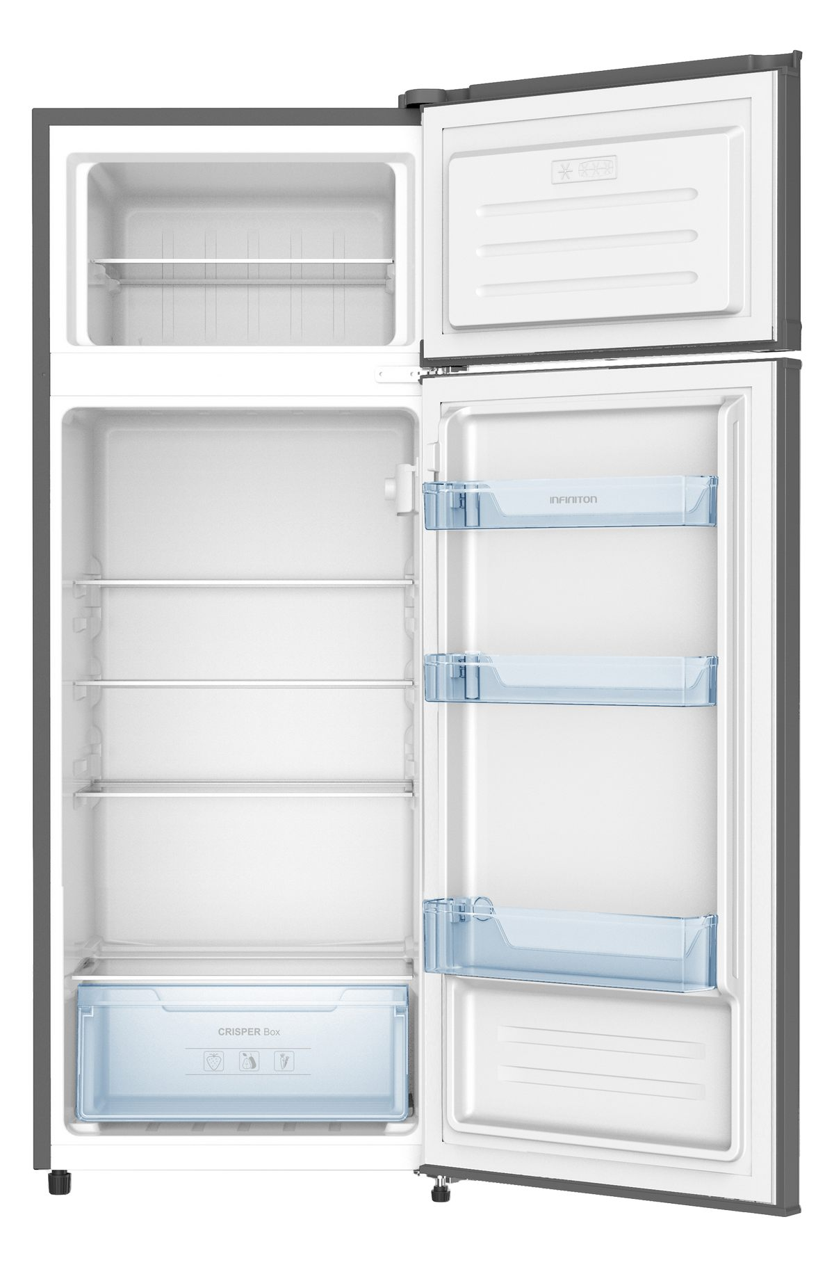 Un frigorífico con ambas puertas abiertas. Es gris y blanco. El interior muestra estantes y cajones.
