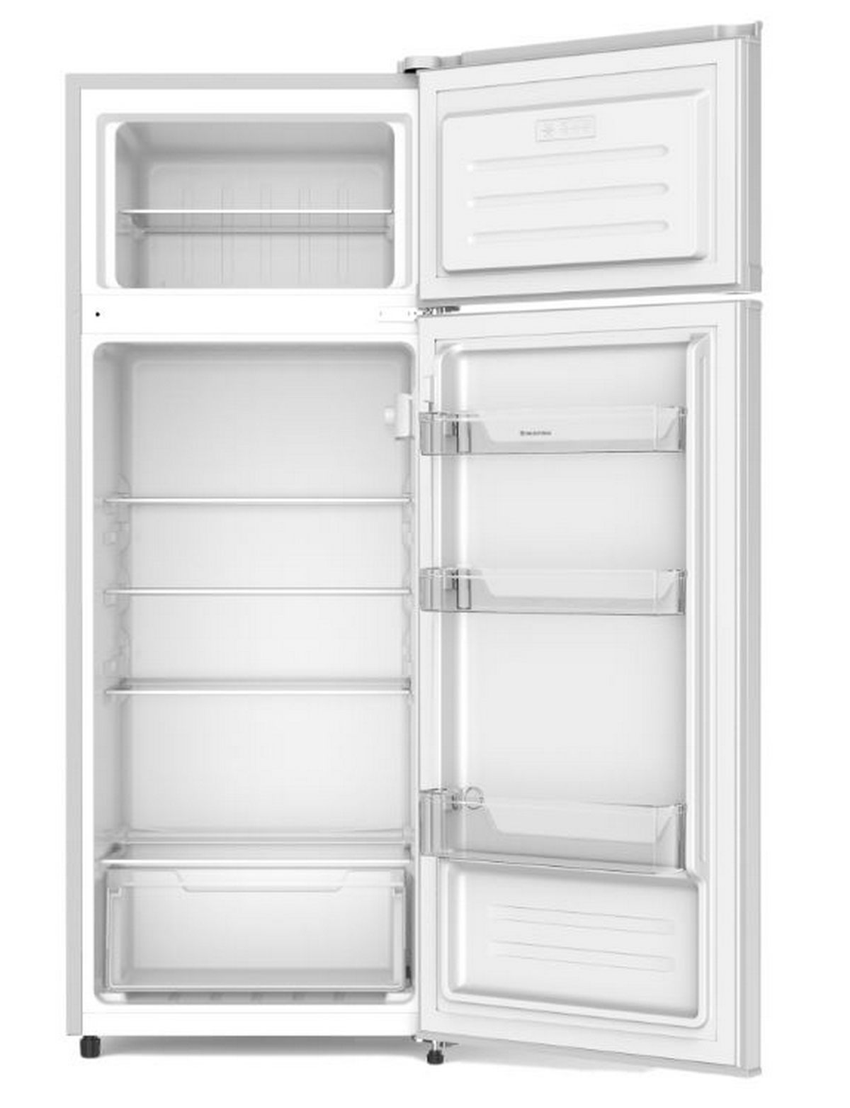 Refrigerador blanco abierto con estantes y cajones. El interior es blanco.