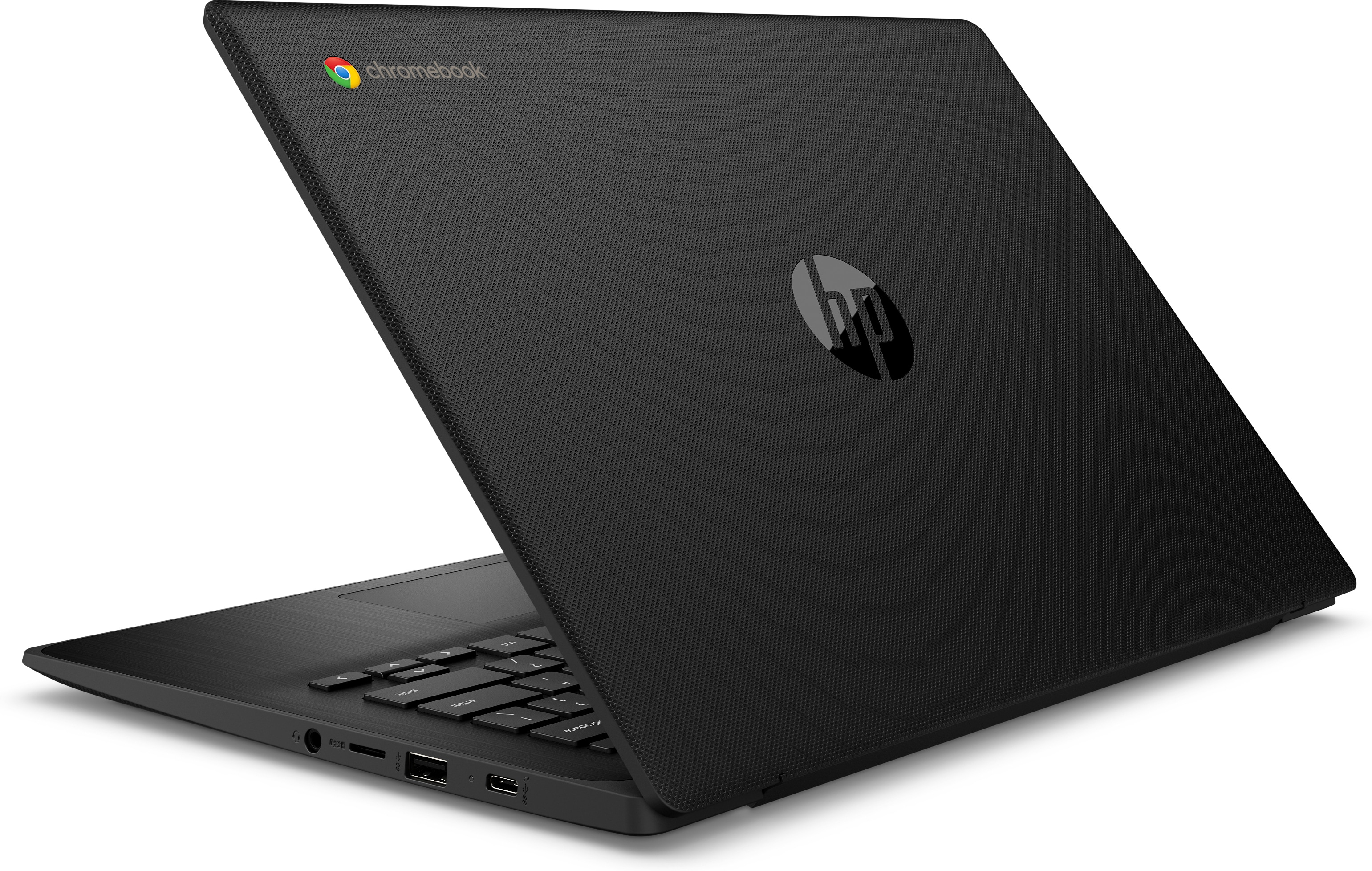 Black laptop with the lid slightly open, showing the HP logo and Chromebook branding.