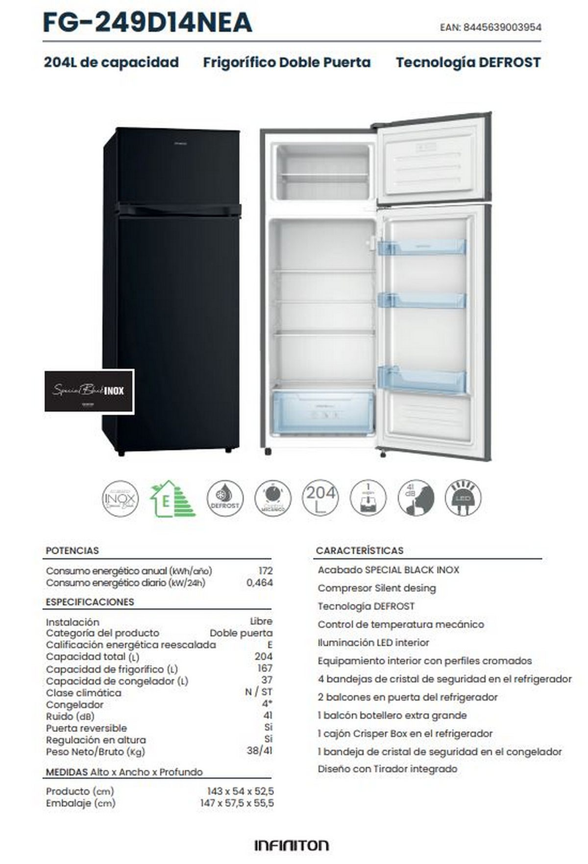 Refrigerador negro de doble puerta con texto y diagramas. La puerta abierta revela el interior.