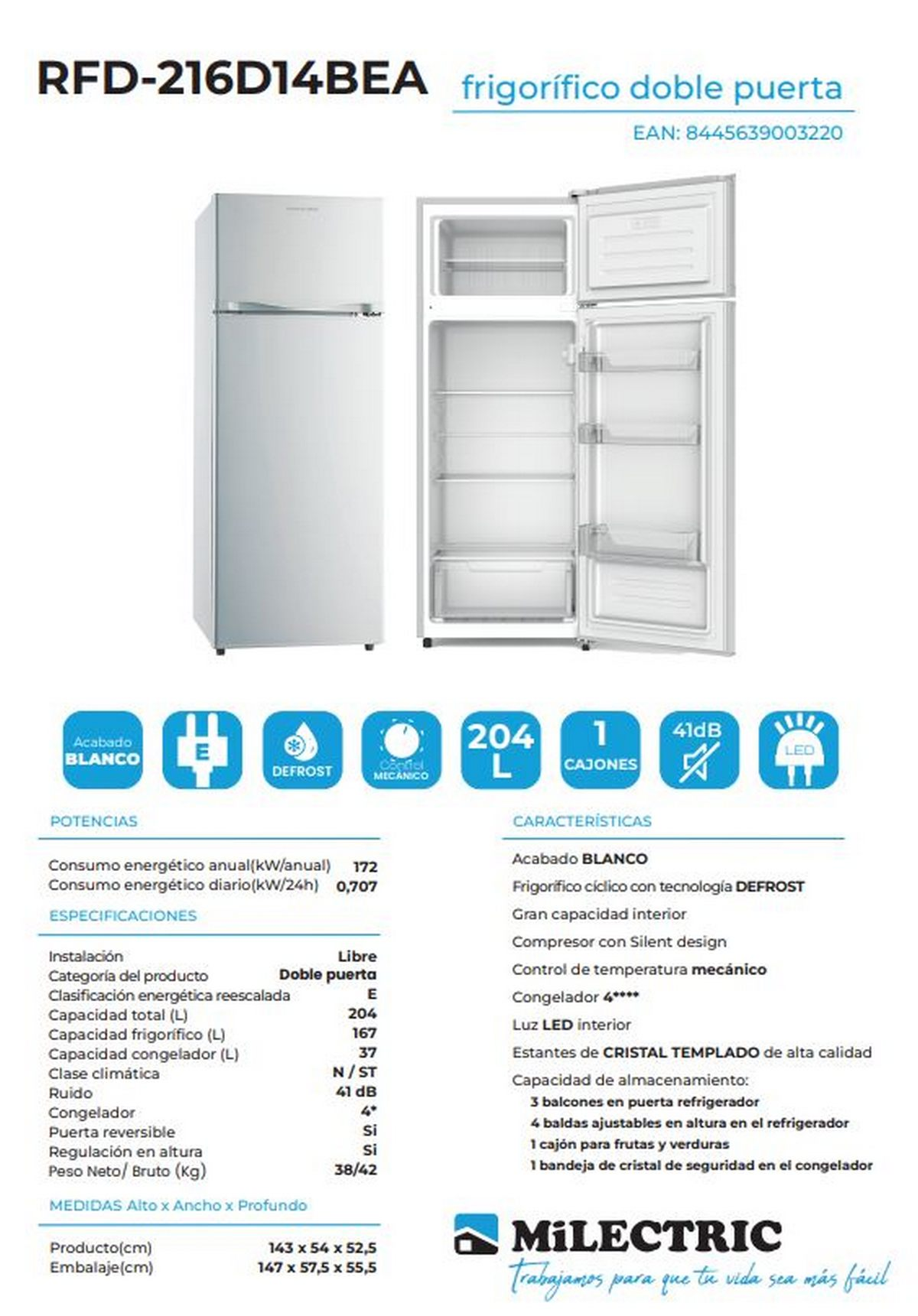 Refrigerador blanco con congelador en la parte superior. Texto y especificaciones a la izquierda.