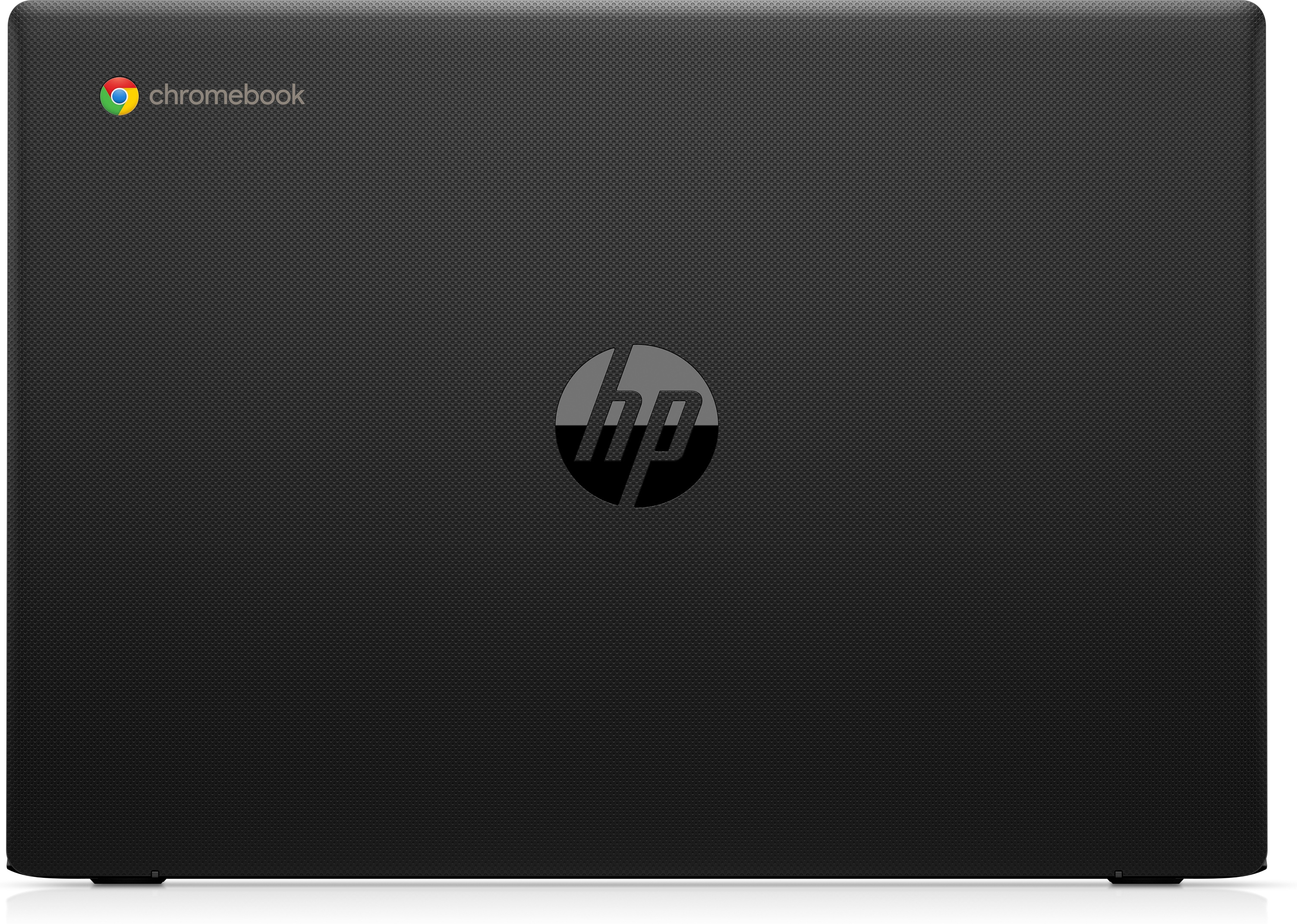 Black HP Chromebook laptop. HP logo in the center. Chrome logo in the top left corner.