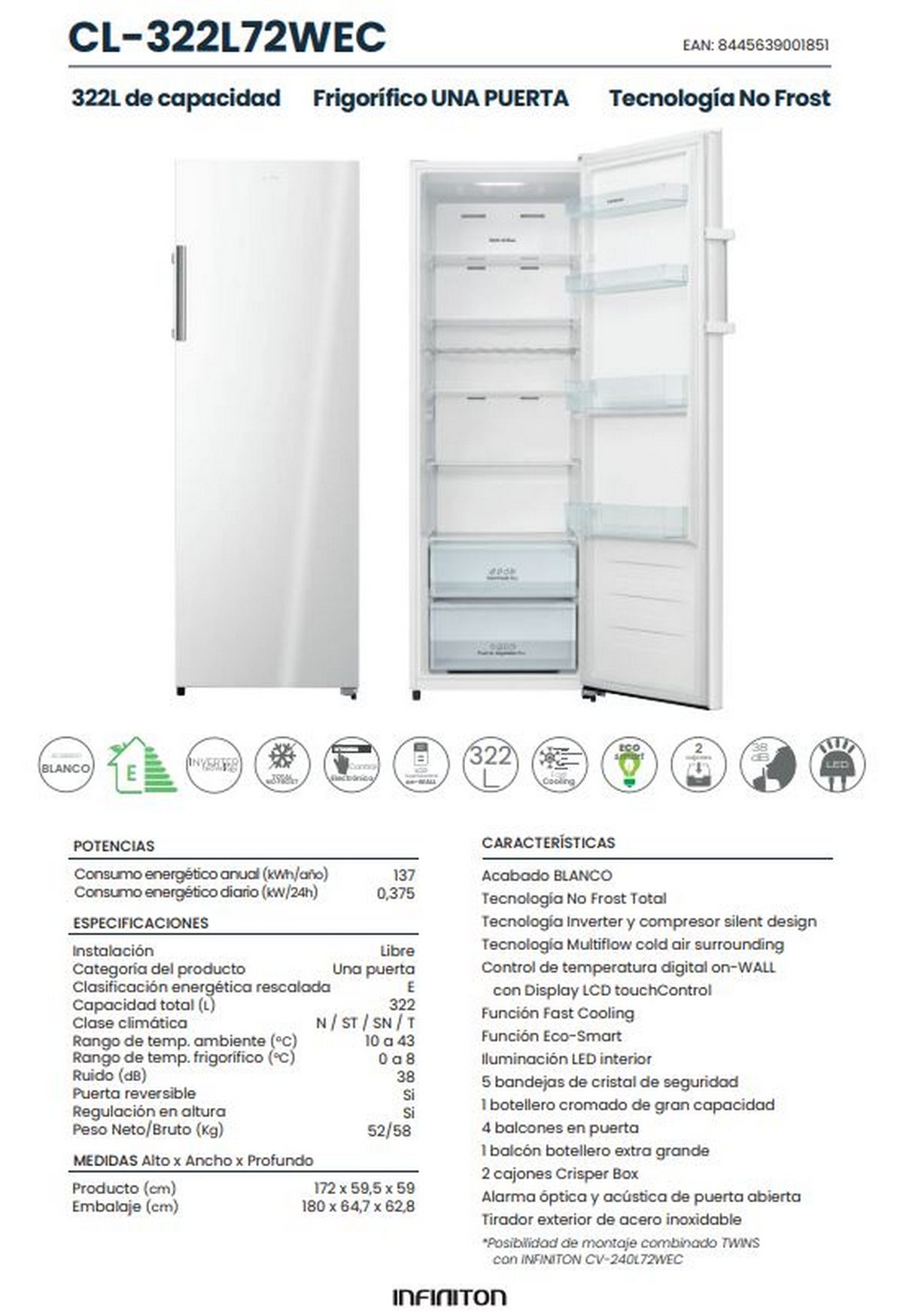 Refrigerador blanco con especificaciones detalladas a la izquierda, puerta abierta.