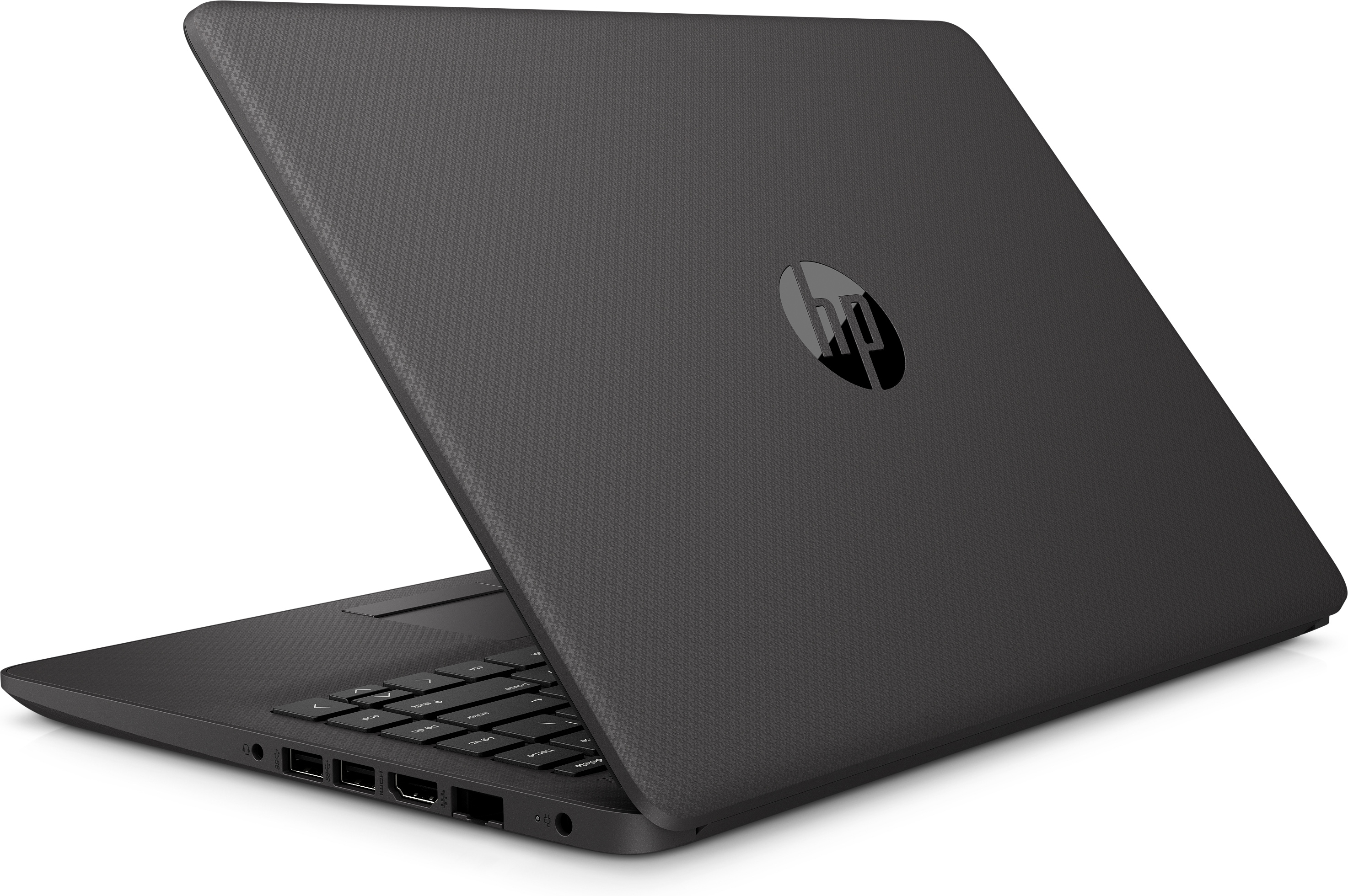 Laptop nero, aperto per visualizzare tastiera e schermo. Il logo HP è visibile sul coperchio.