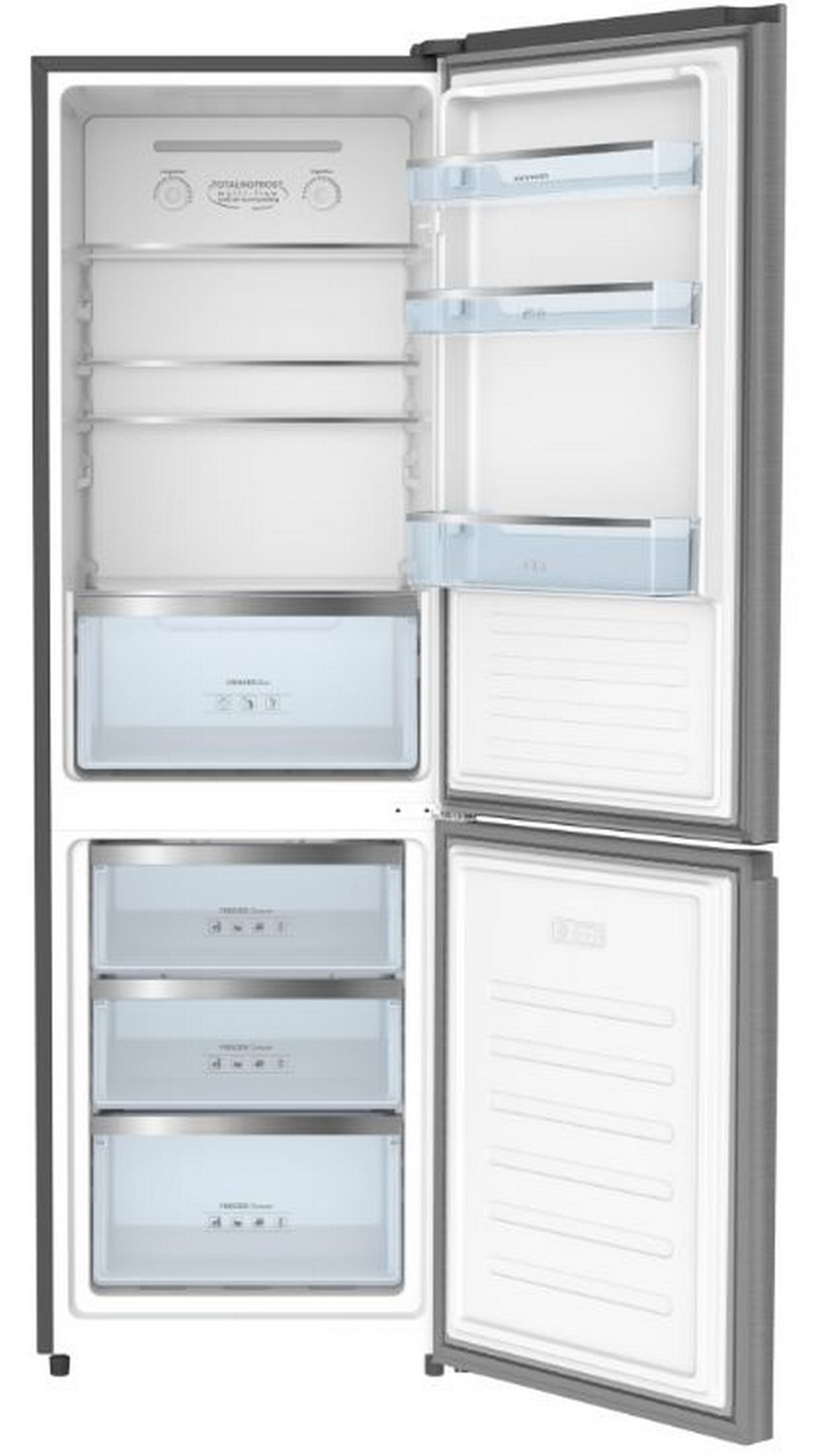 Un refrigerador con la puerta abierta, mostrando estantes, cajones y el interior.
