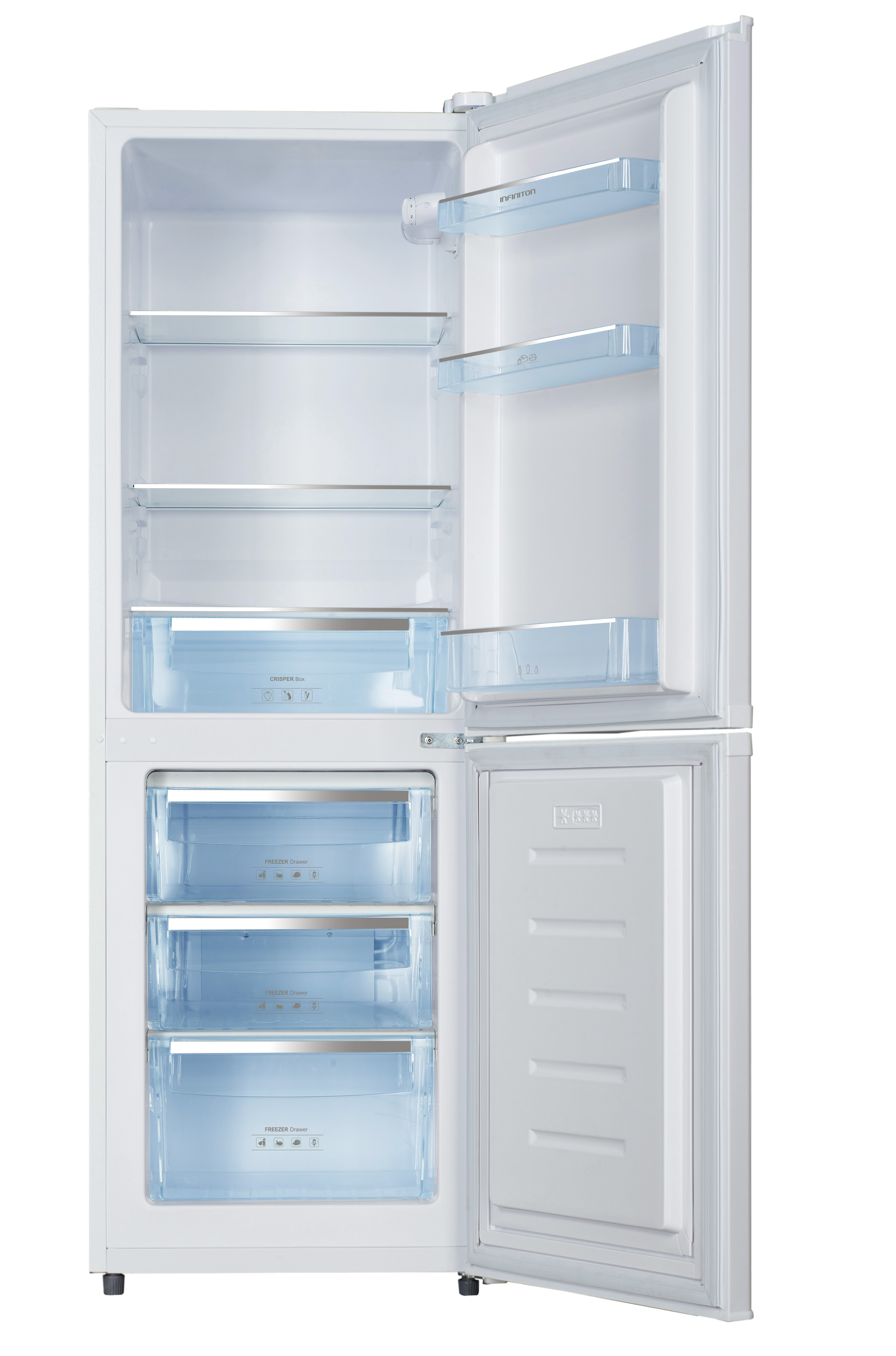 Refrigerador blanco con puertas abiertas, mostrando estantes, cajones y compartimentos.