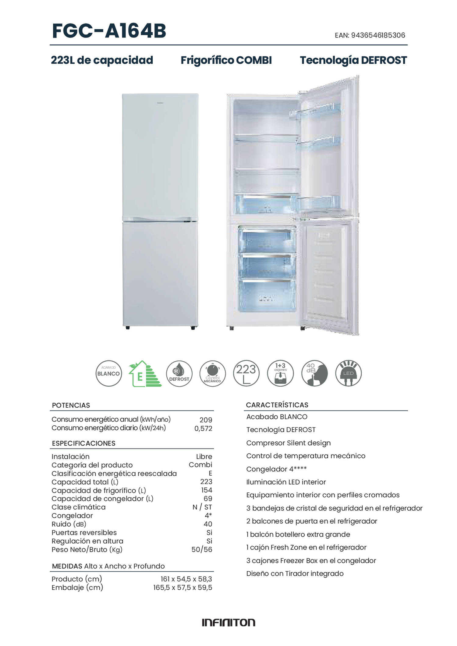 Refrigerador blanco con puertas abiertas, mostrando estantes y cajones interiores. Texto y detalles.