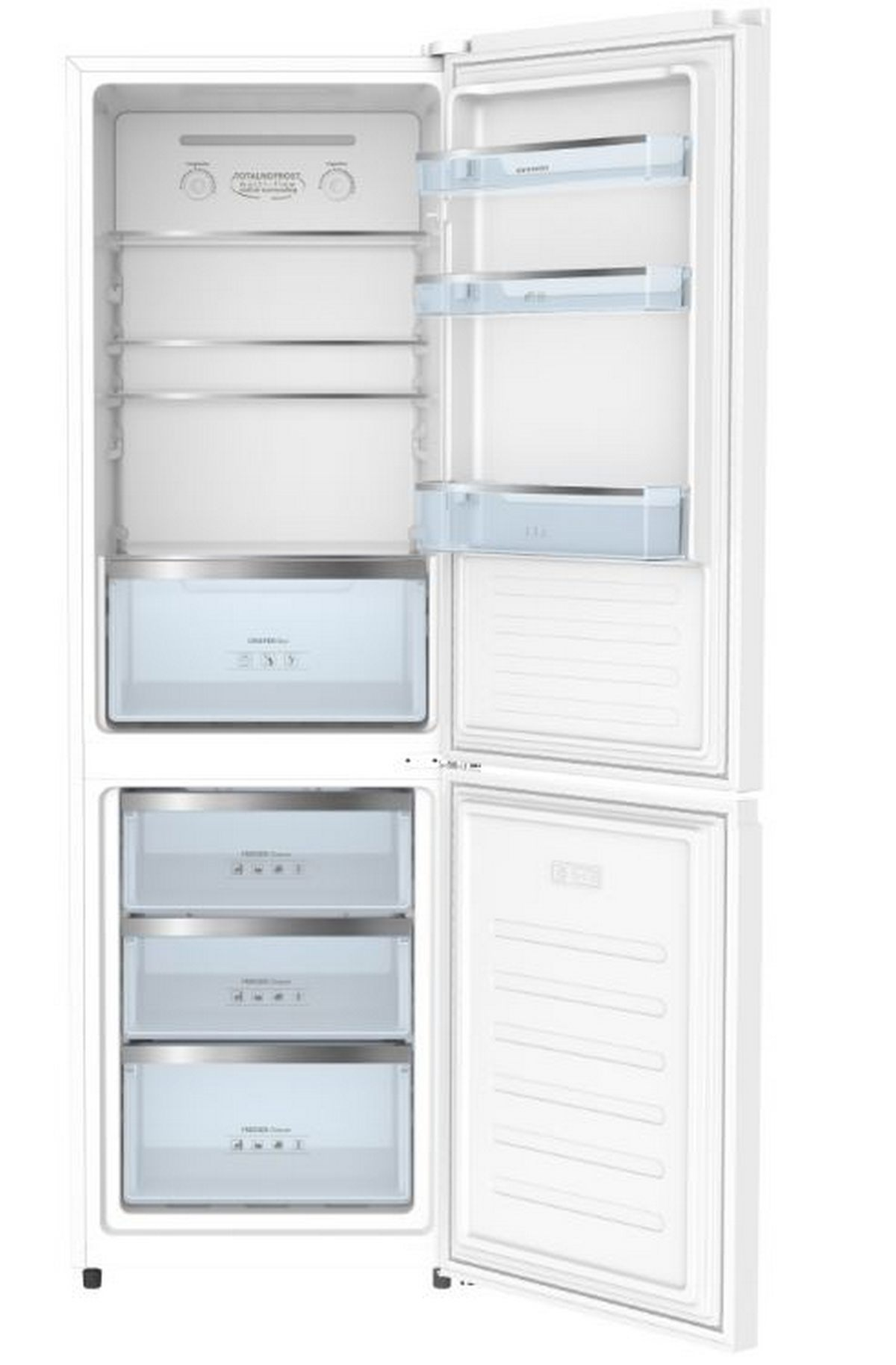 Refrigerador blanco con puertas abiertas, mostrando estantes, cajones y organización interna.