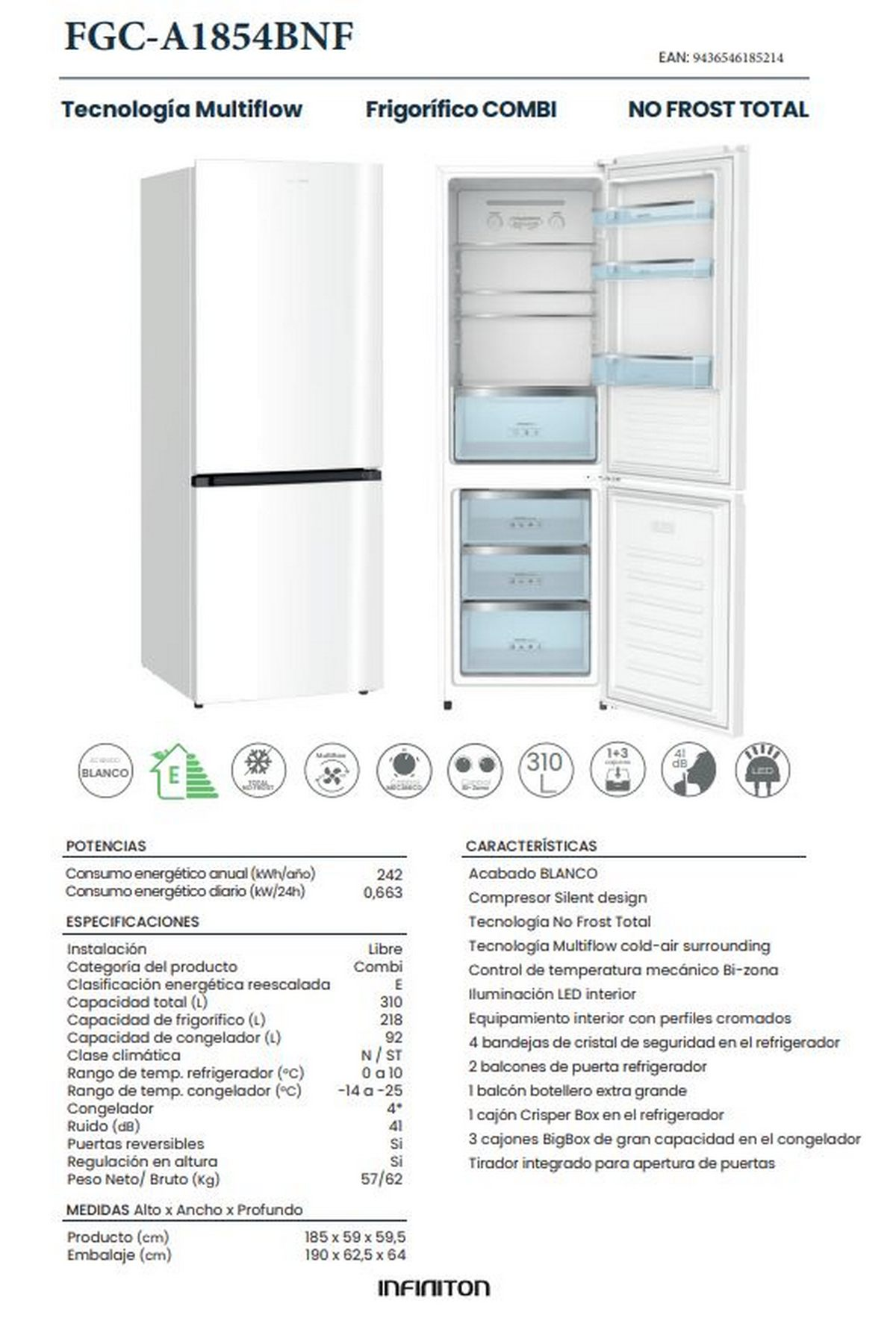 Frigorífico blanco con puertas abiertas. Muestra estantes, cajones y una etiqueta.