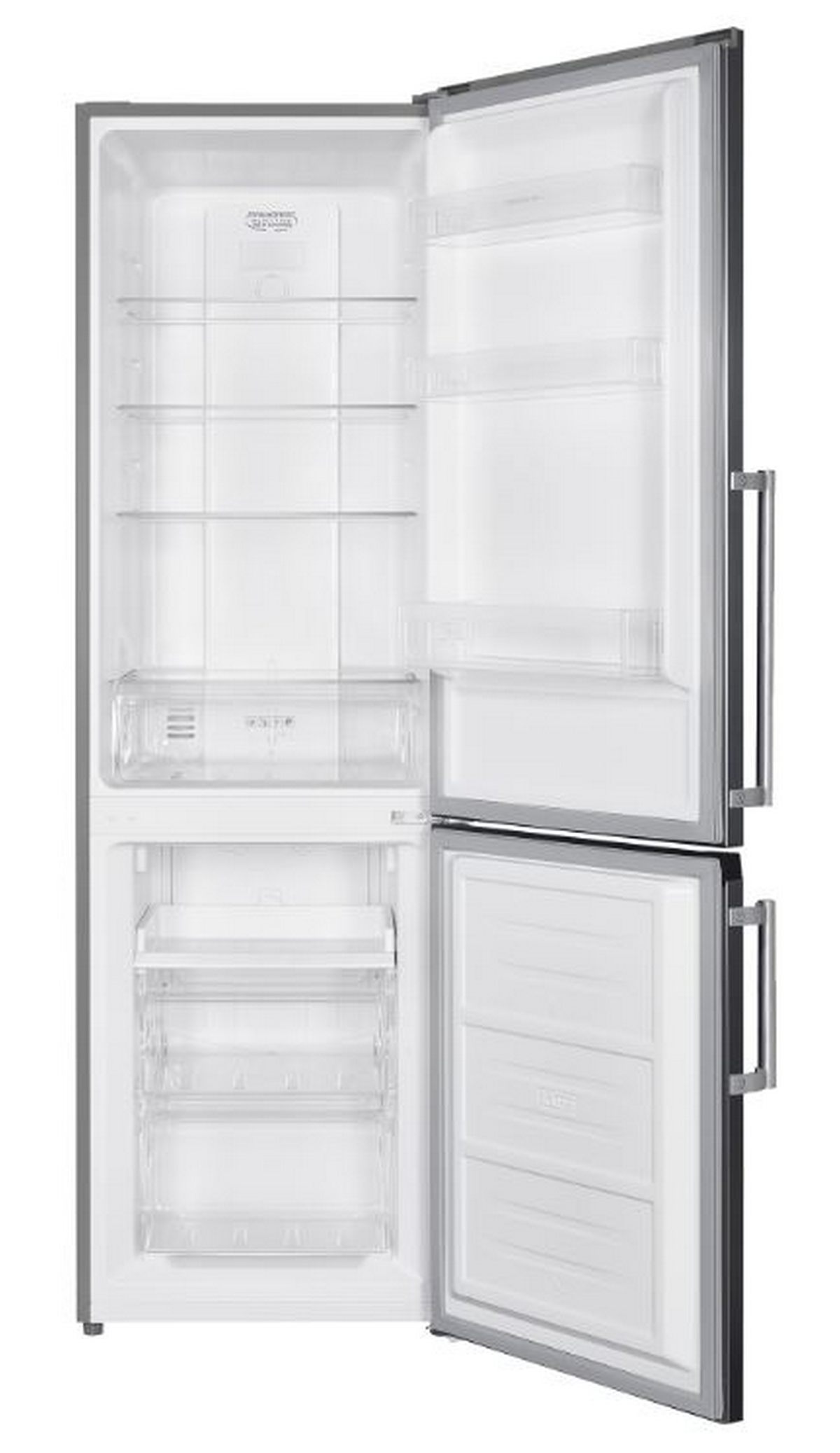 Refrigerador abierto con estantes y cajones. El interior es blanco, con estantes de vidrio y un cajón.