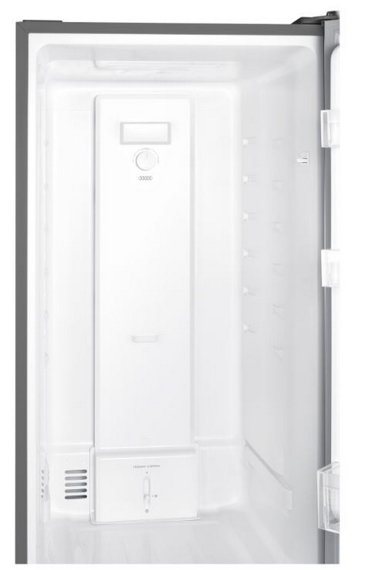 Interior de un refrigerador blanco. Contiene un panel de control y varios compartimentos.