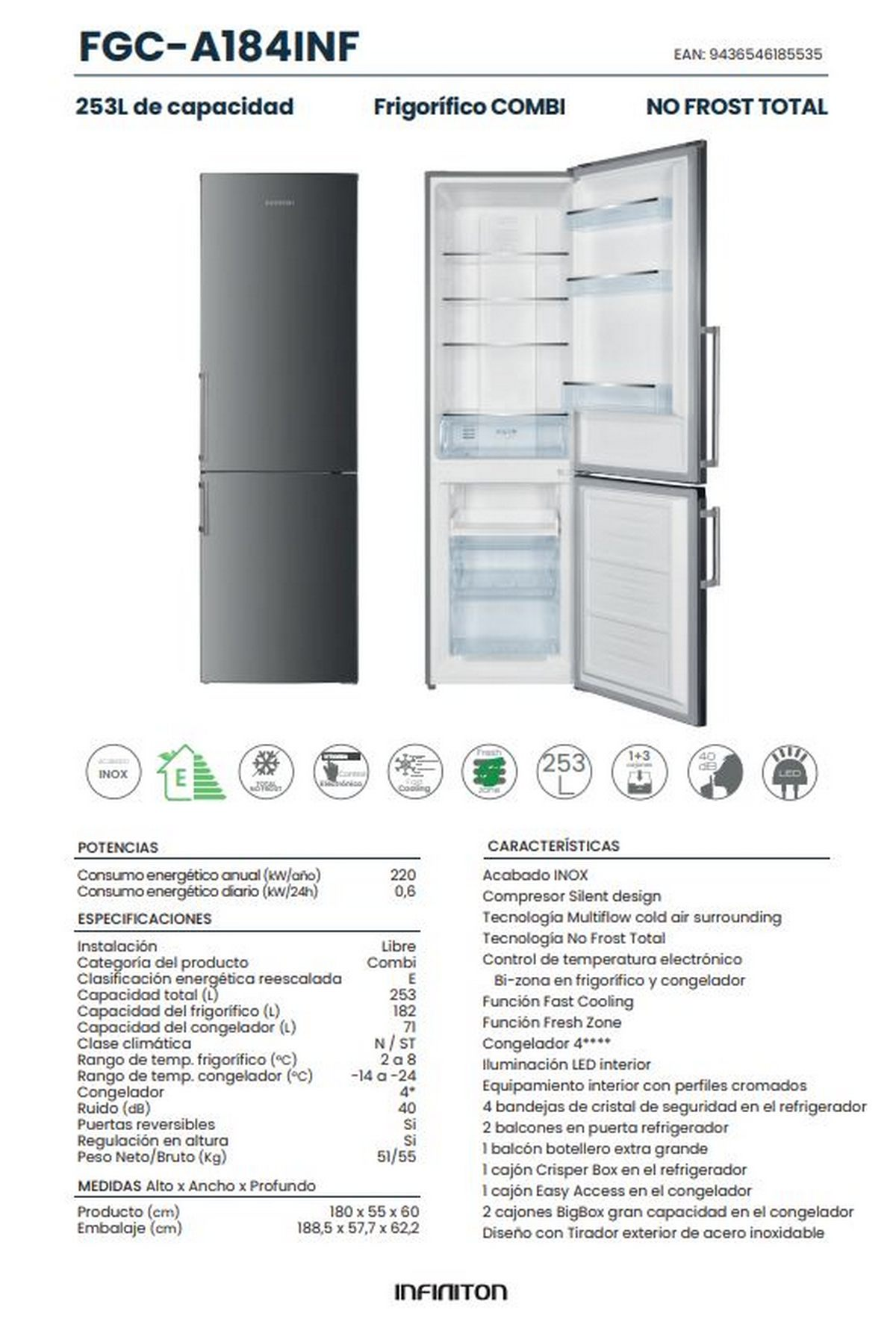 Un refrigerador con la puerta abierta, mostrando estantes y una etiqueta con especificaciones.