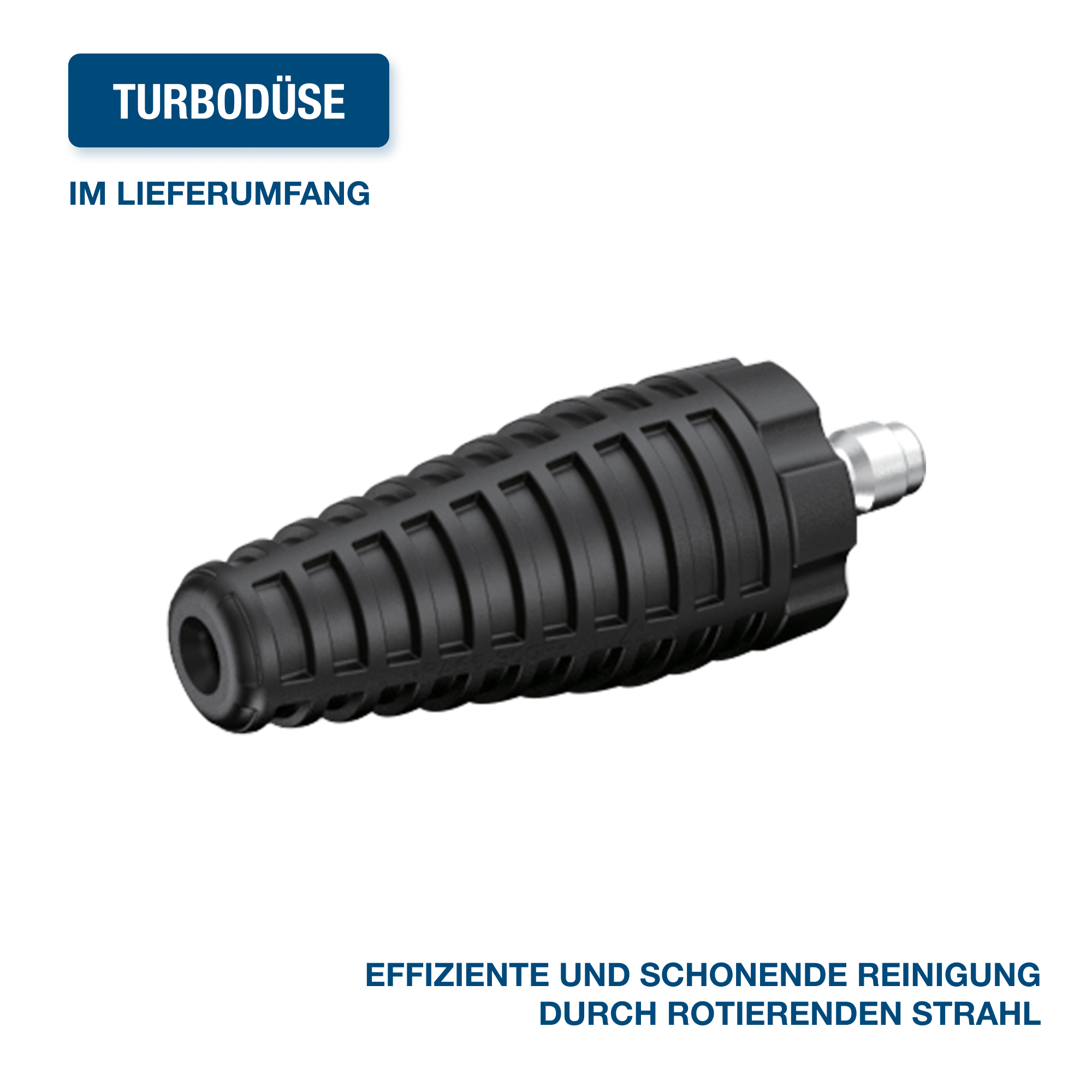 Eine schwarze Hochdruckreinigerdüse, mit dem Text 'TURBODÜSE' und 'EFFIZIENTE REINIGUNG'.