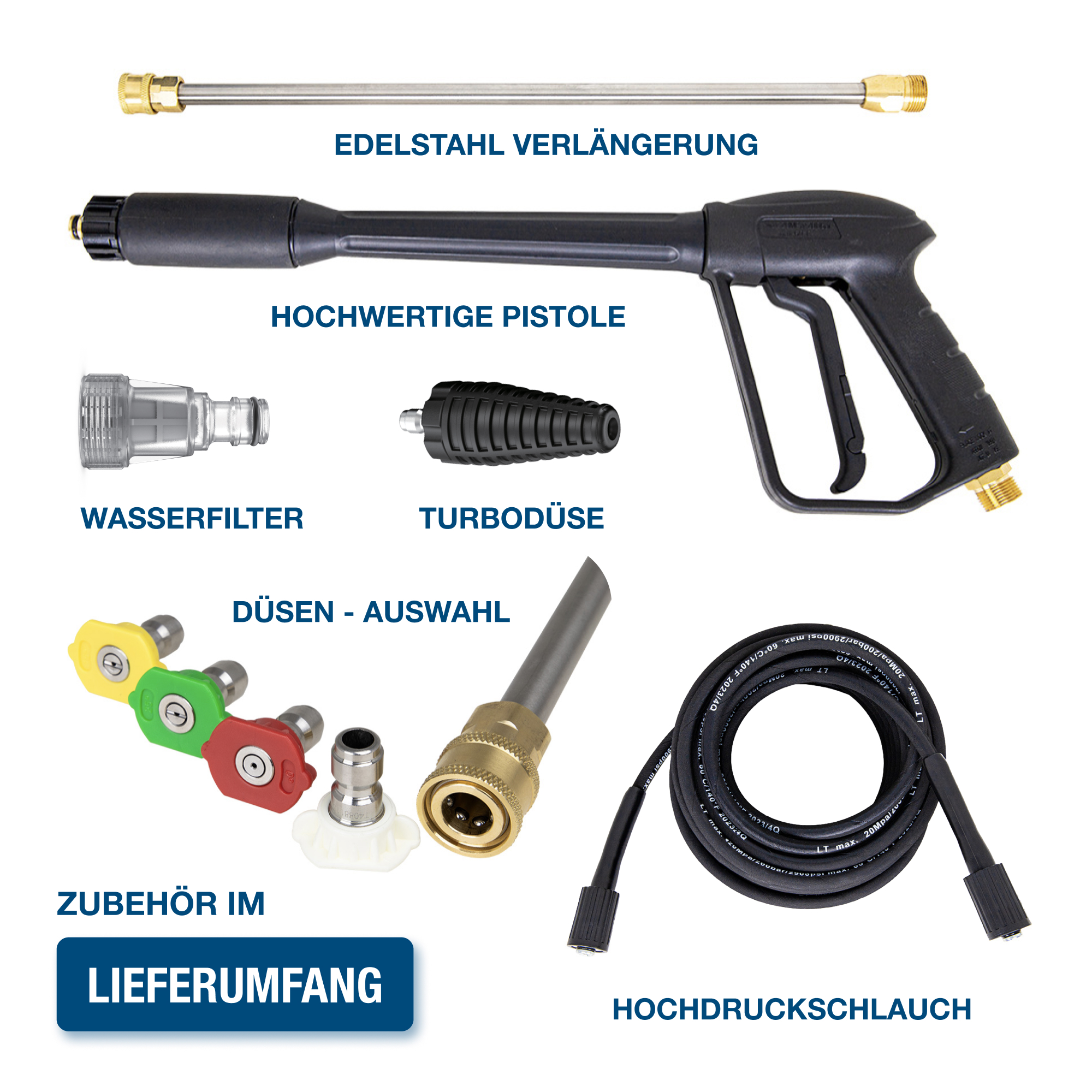 Verschiedene Hochdruckreiniger-Teile. Beinhaltet Düsen, Hochdruckschlauch und Wasserfilter.