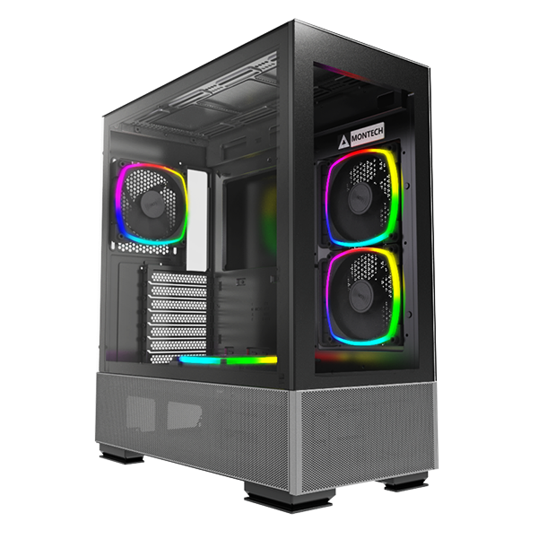 Un case per computer nero con ventole colorate e pannello laterale in vetro.