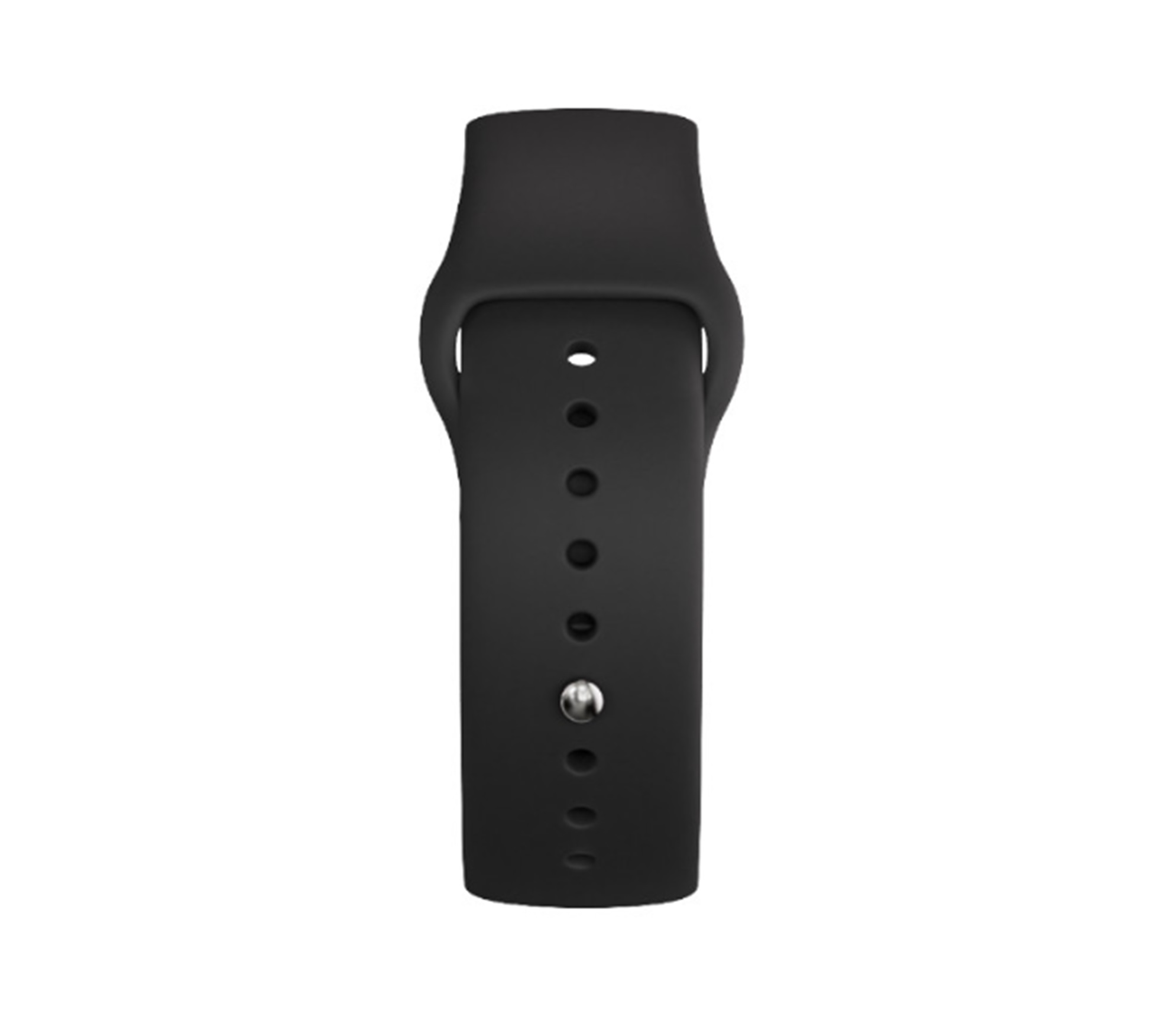 Czarny pasek do smartwatcha. Pasek jest wykonany z silikonu, z otworami do regulacji i klamrą.